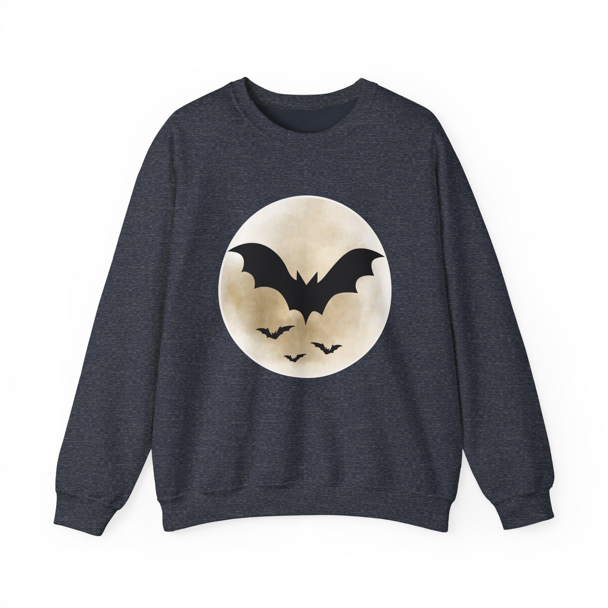 Heather dark navy blue sweatshirt with a moon and bat design on a white background