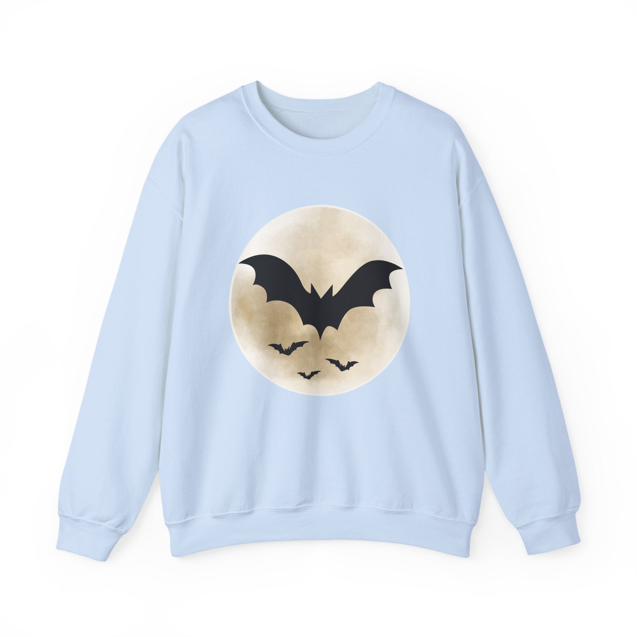 Light blue sweatshirt with a bat and moon design on a white background