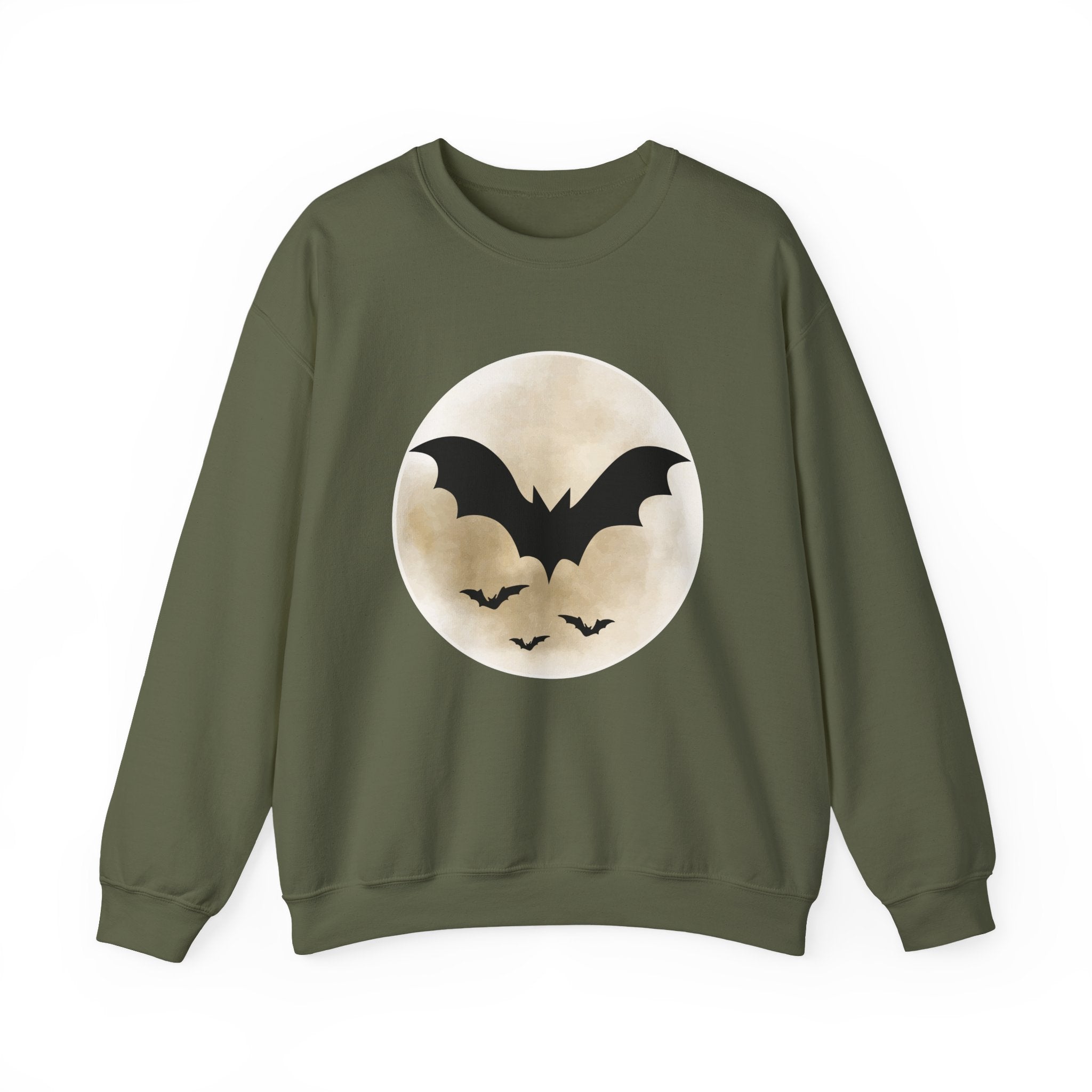 Military green sweatshirt with a moon and bat design on a white background