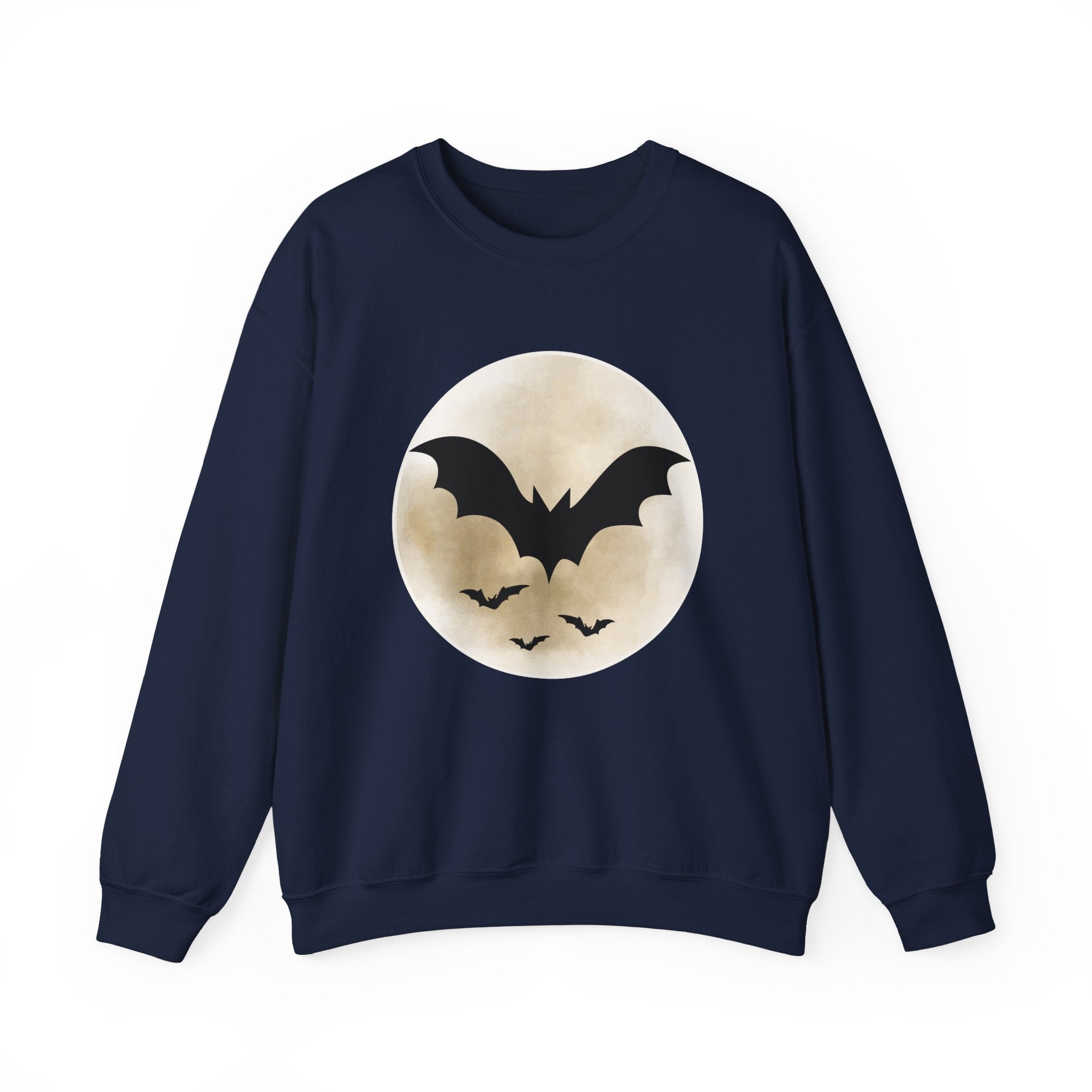 Navy Blue sweatshirt with a bat and moon design on a white background