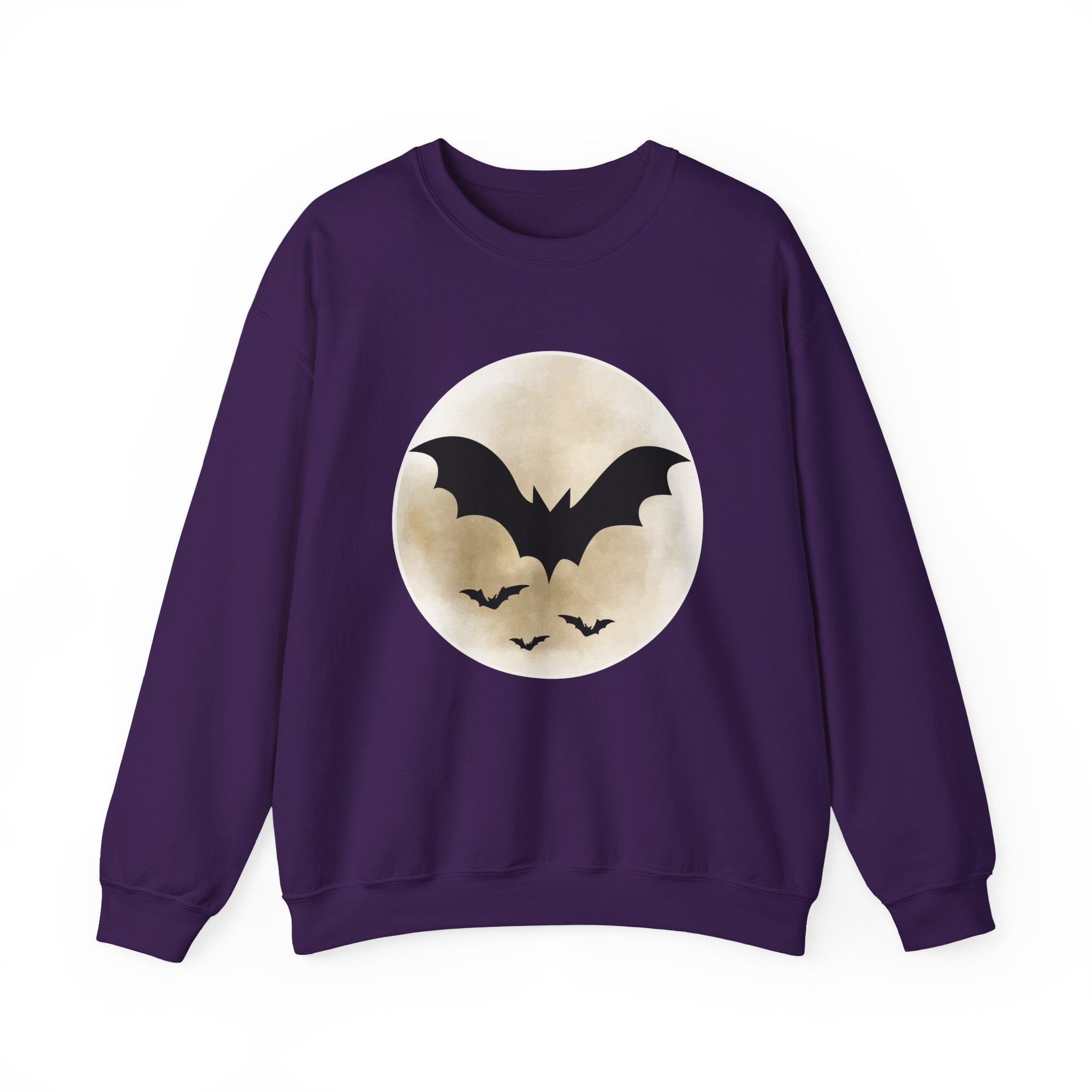 Purple sweatshirt with a bat and moon design on a white background