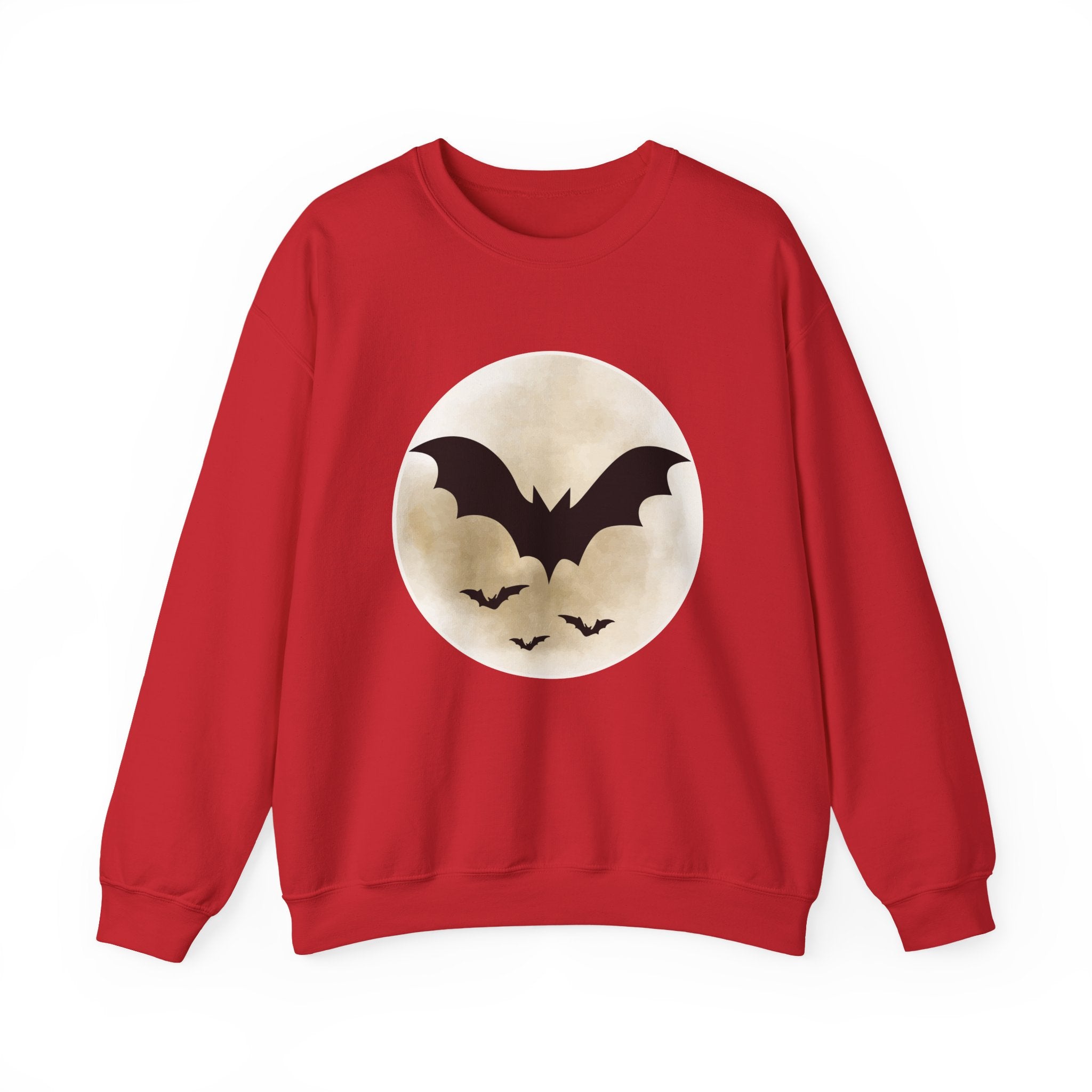Red sweatshirt with a bat and moon design on a white background