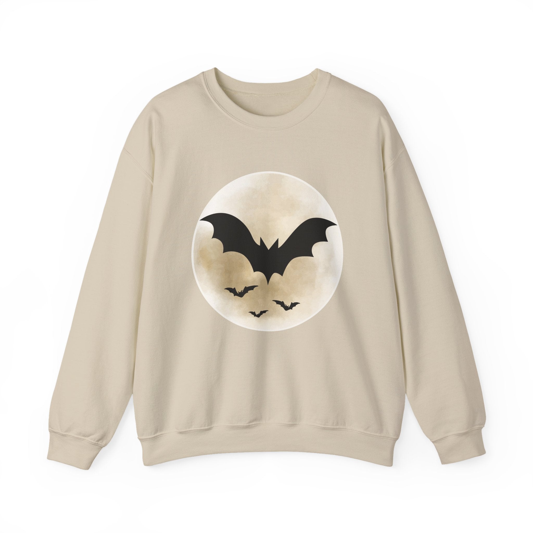 Beige sweatshirt with a circular design featuring bats on a white background
