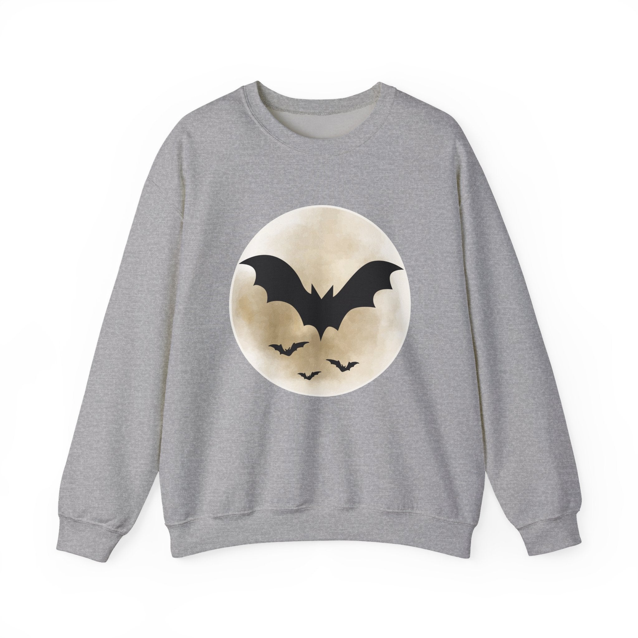Gray sweatshirt with a moon and bat design on a white background