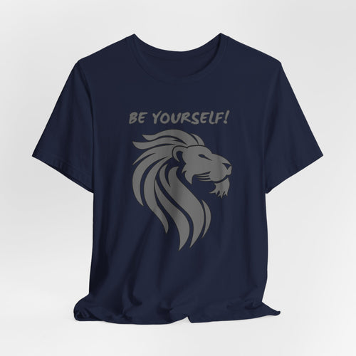 Navy blue t-shirt with a lion graphic and 'BE YOURSELF!' text on a white background