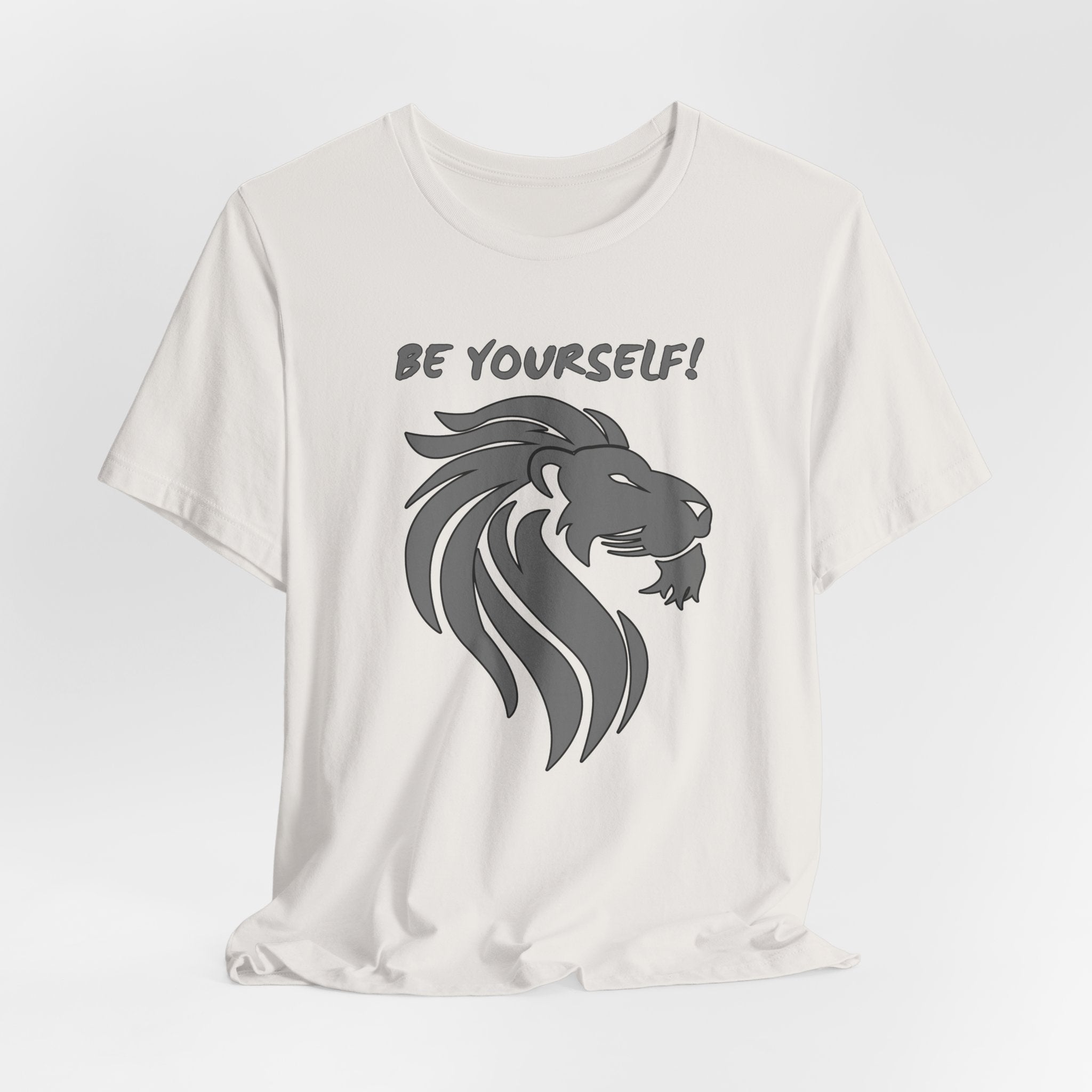 Vintage white t-shirt with a lion graphic and 'BE YOURSELF!' text on a white background