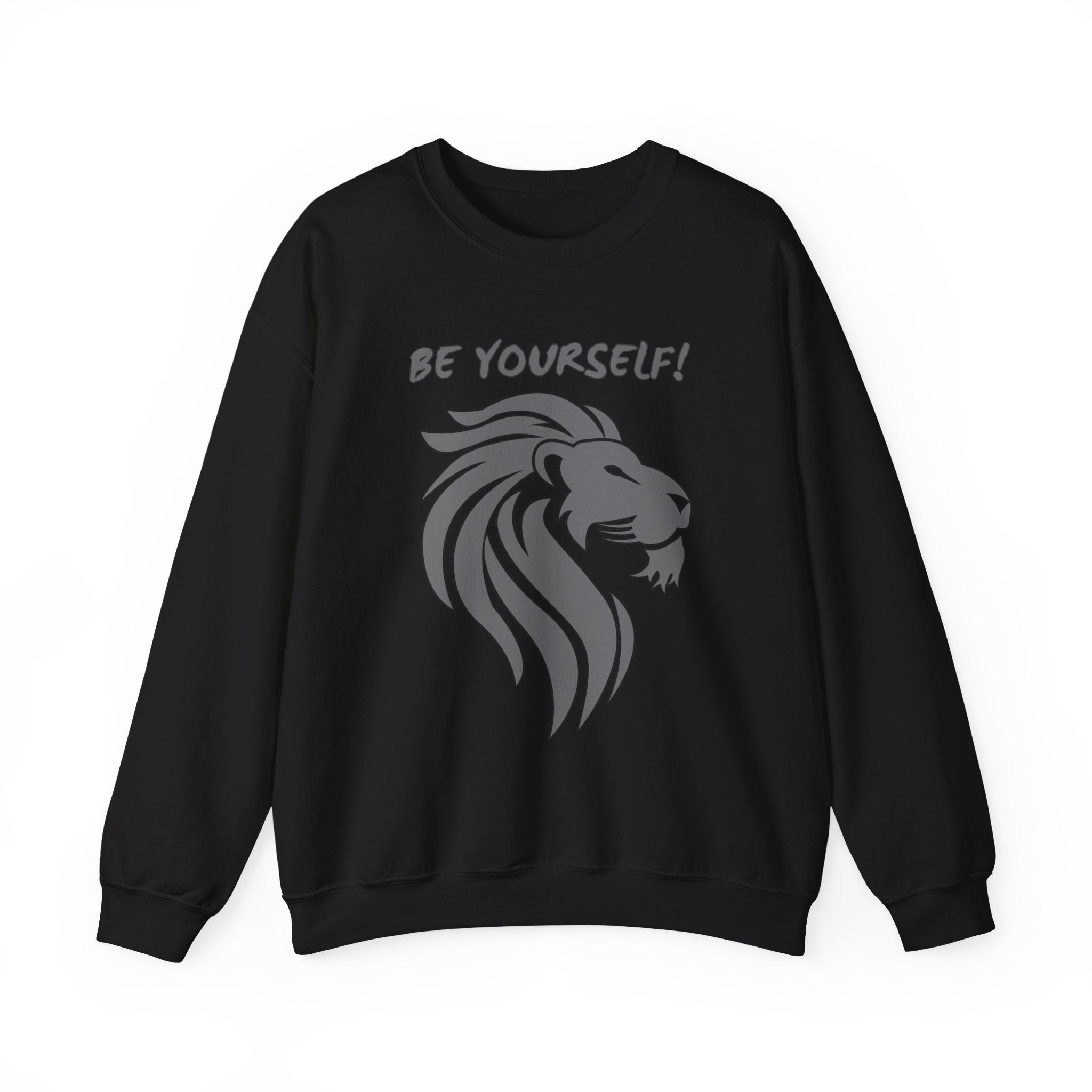 Black sweatshirt with a lion graphic and 'BE YOURSELF!' text on a white background