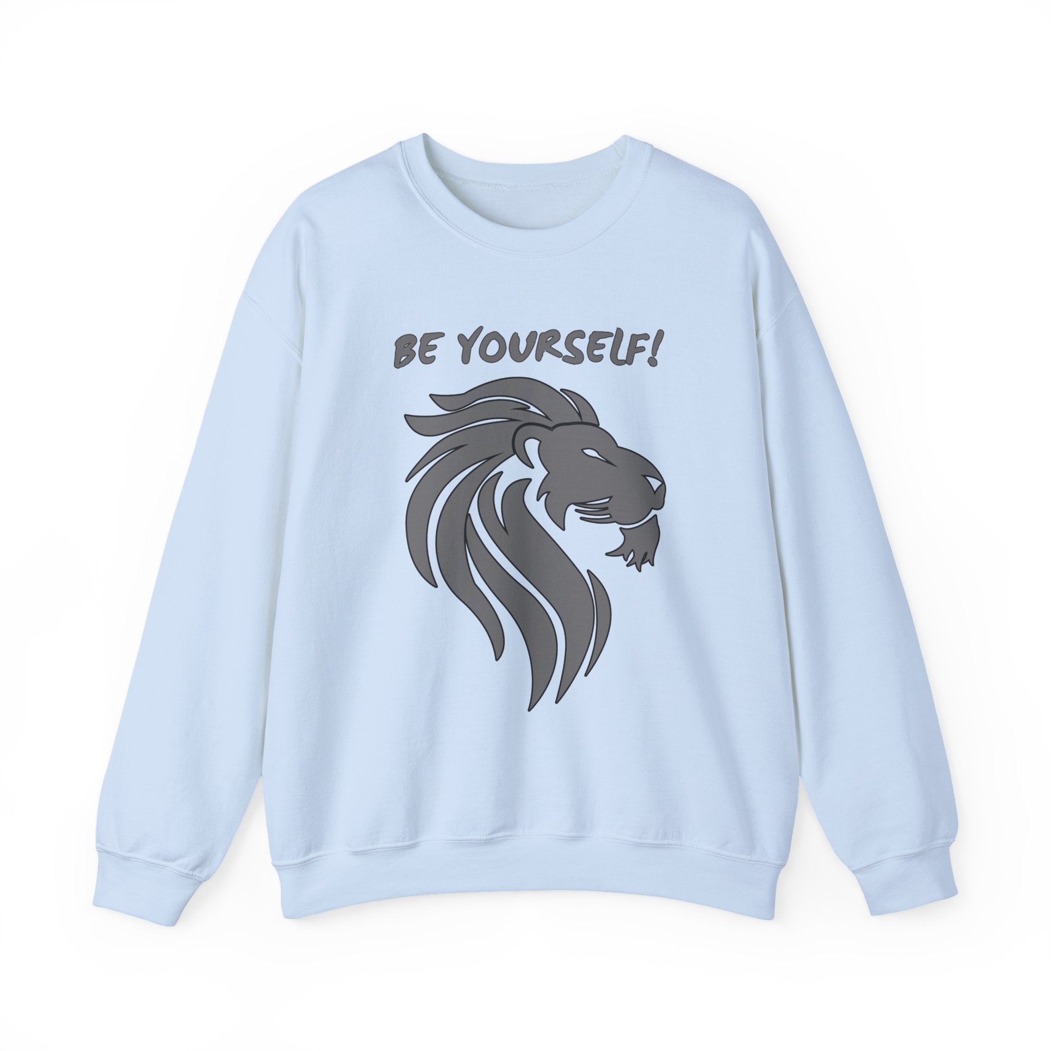 Light blue sweatshirt with a lion graphic and 'Be Yourself!' text on a white background