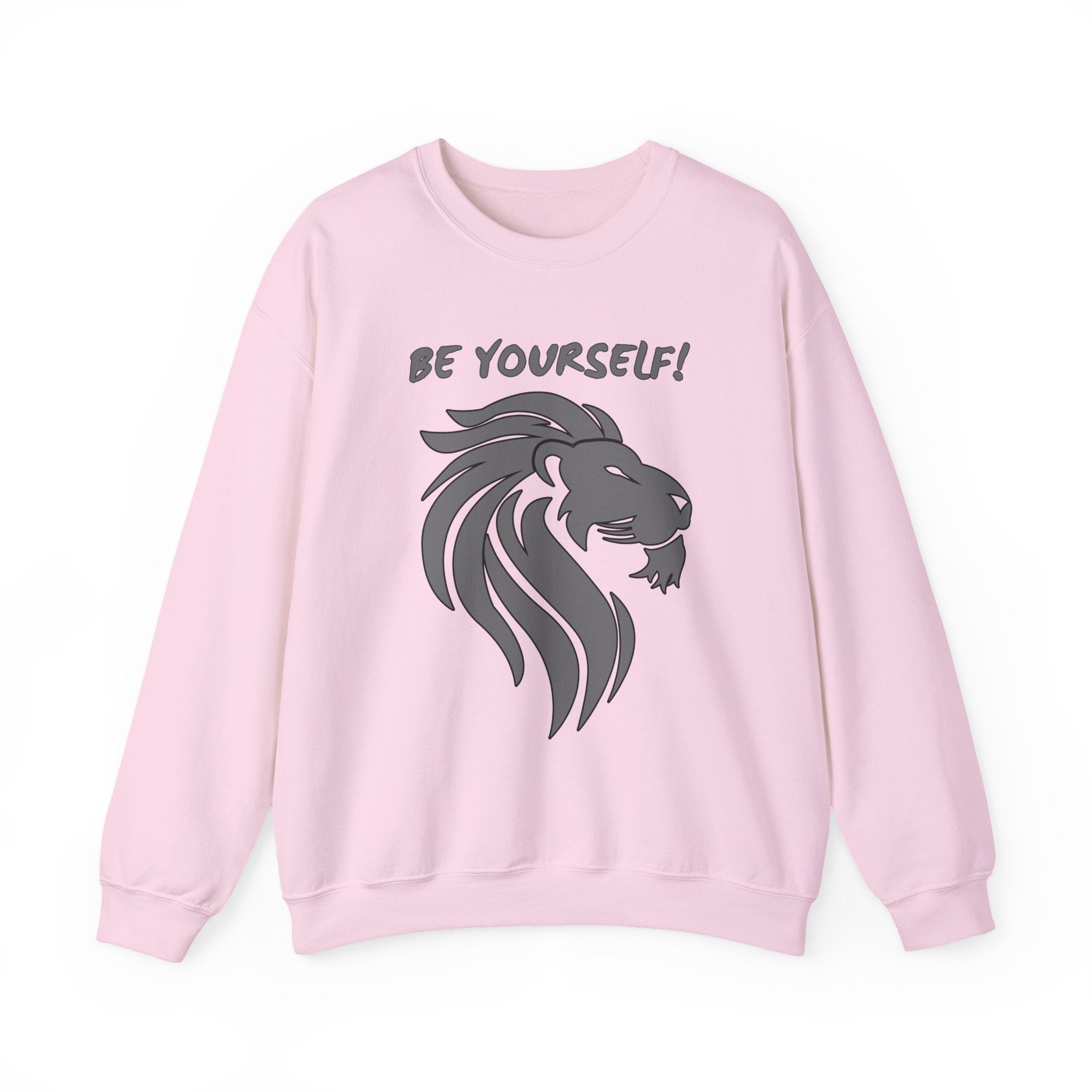 Light pink sweatshirt with a lion graphic and 'Be Yourself!' text on a white background