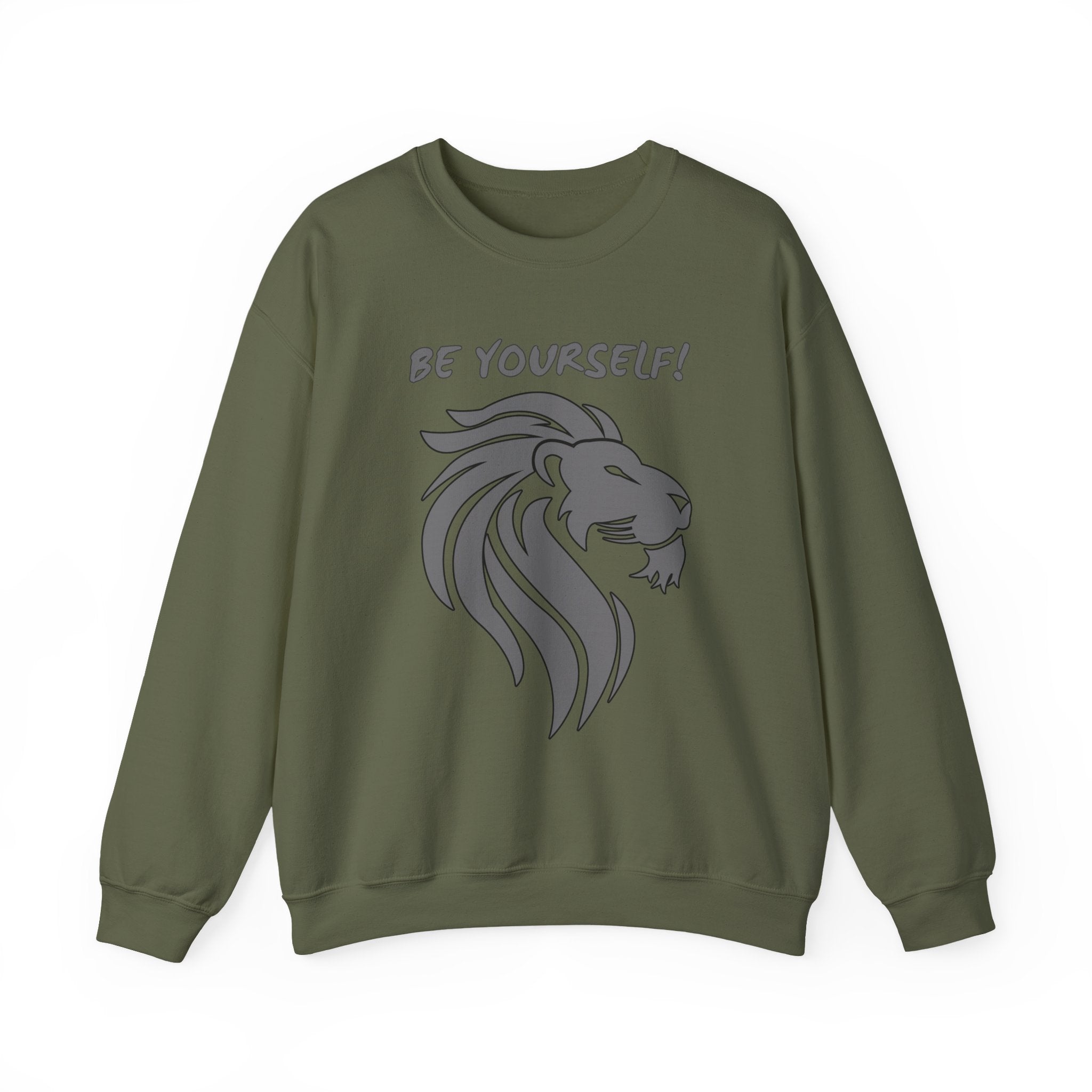 Military green sweatshirt with a lion graphic and 'BE YOURSELF!' text on a white background