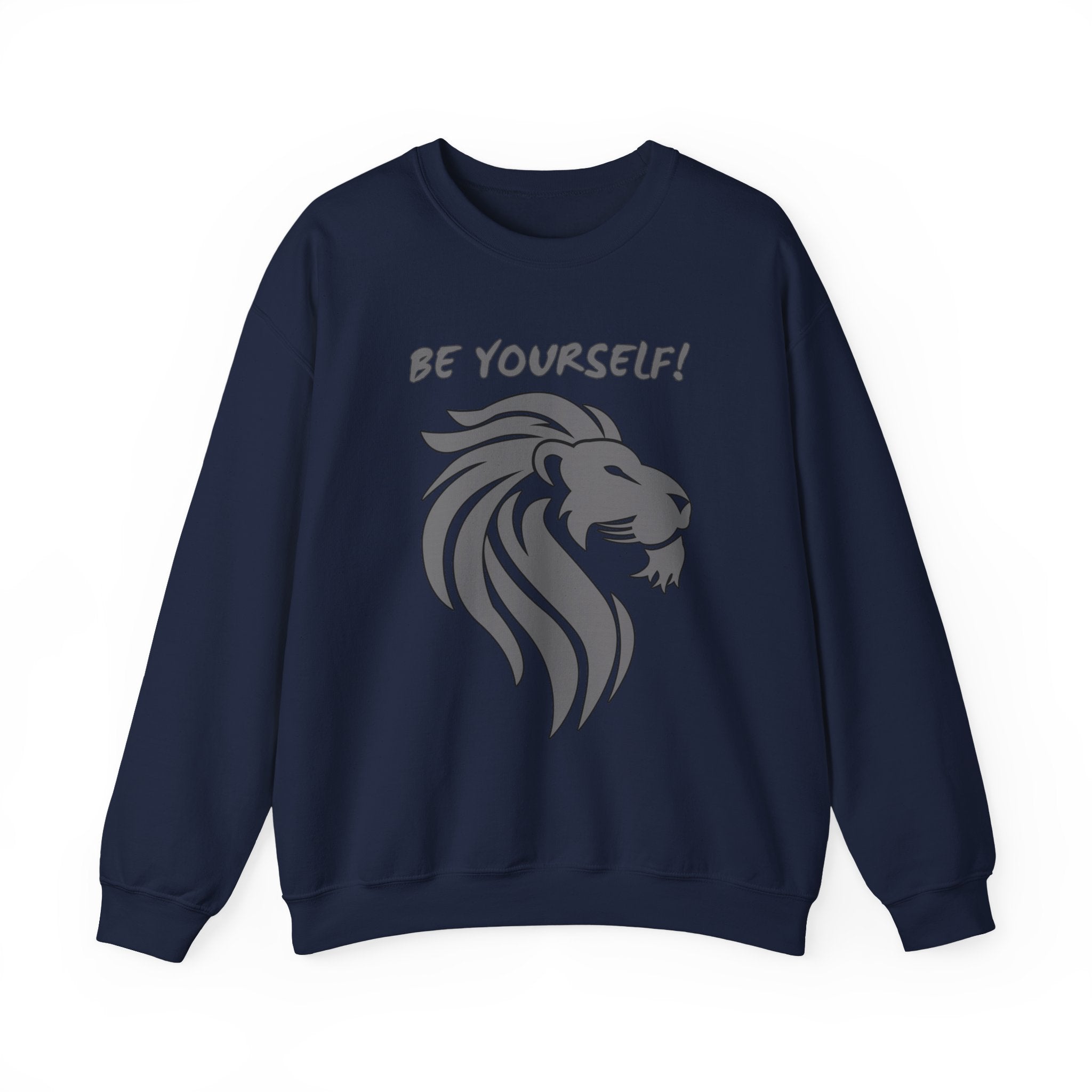 Navy blue sweatshirt with a lion graphic and 'BE YOURSELF!' text on a white background