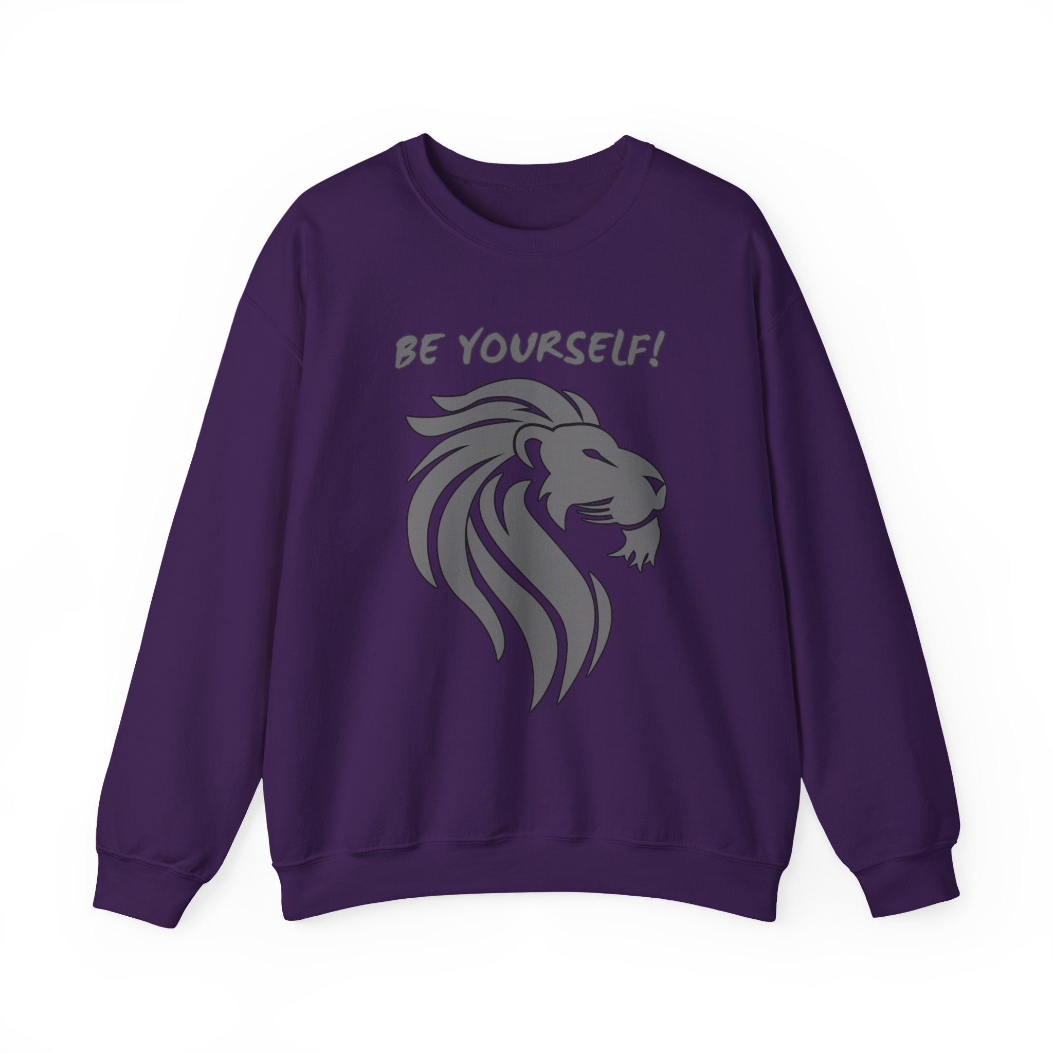 Purple sweatshirt with a lion graphic and 'BE YOURSELF!' text on a white background