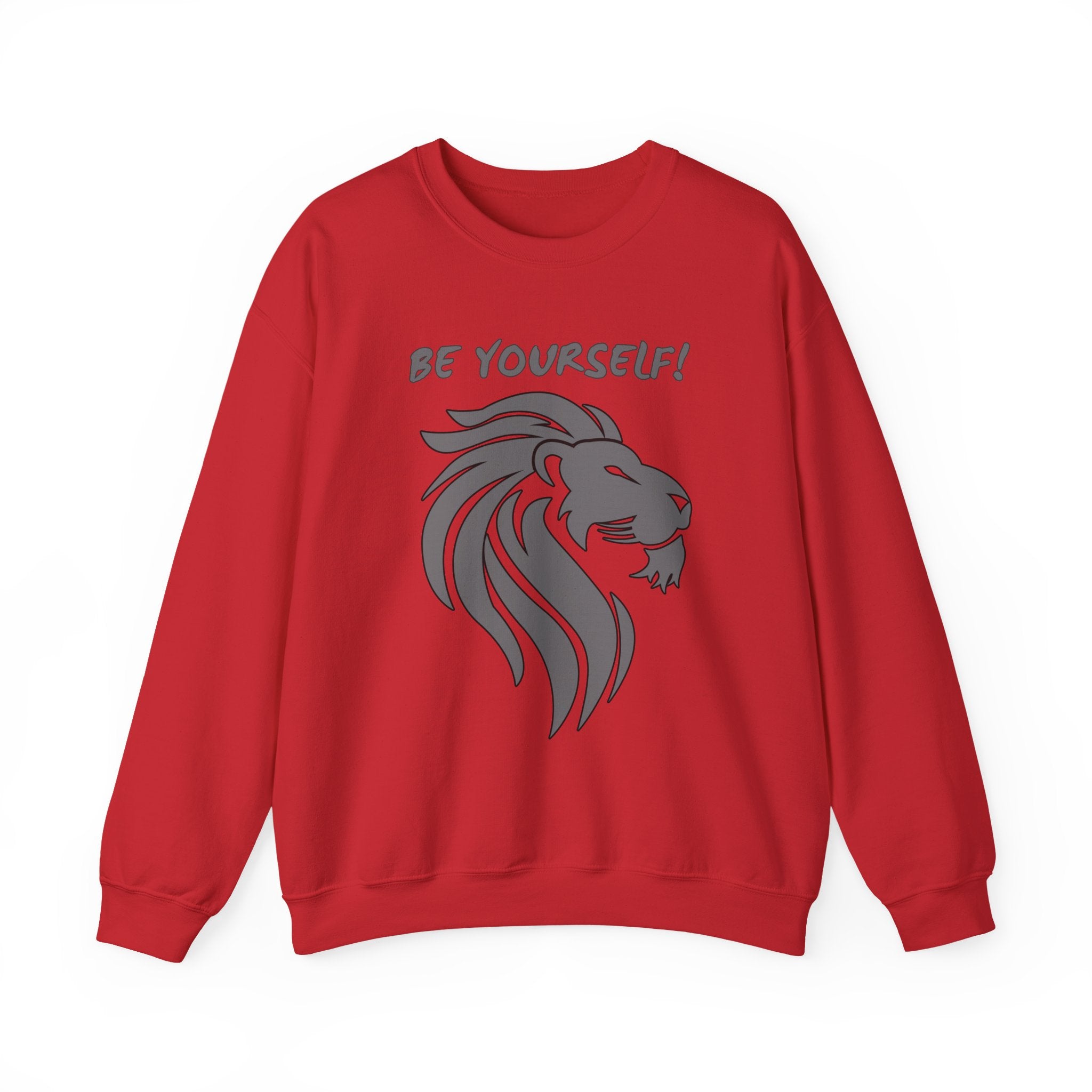 Red sweatshirt with a lion graphic and 'Be Yourself!' text on a white background