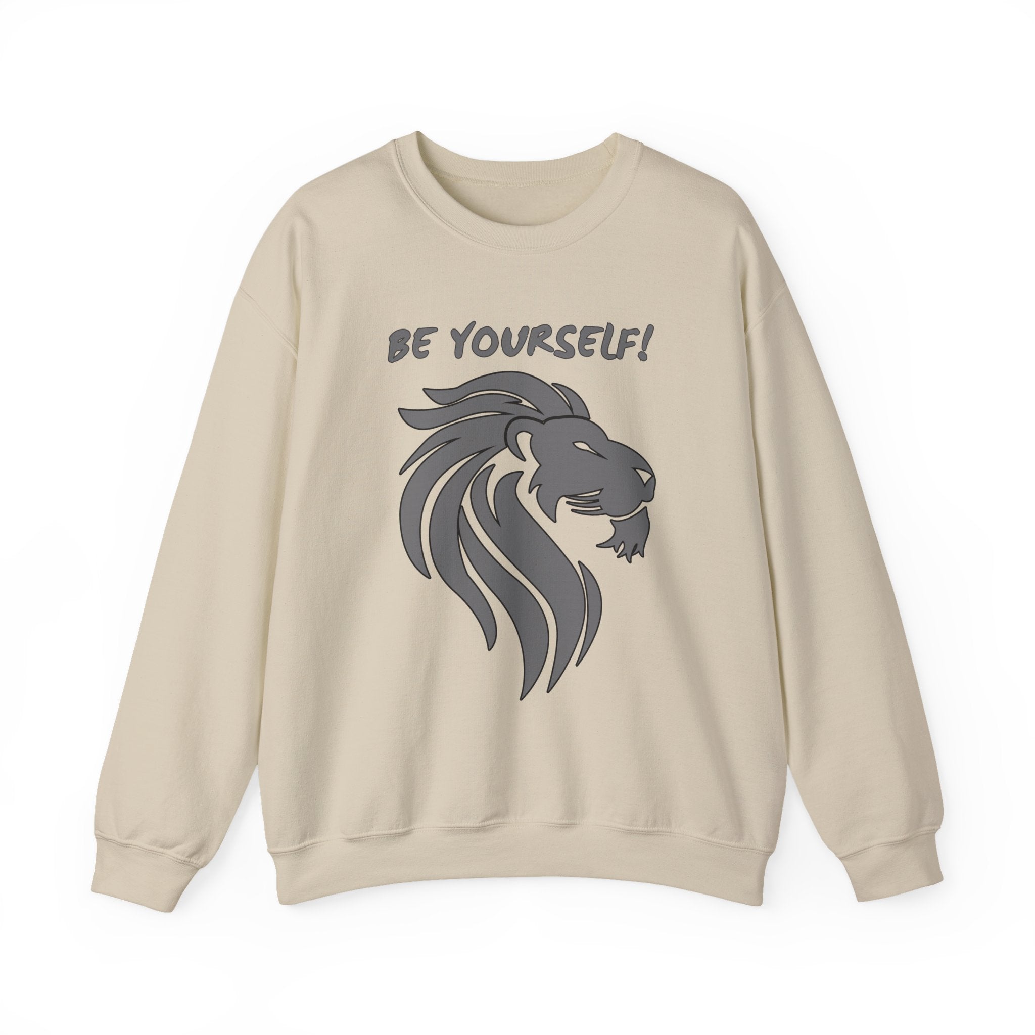 Beige sweatshirt with a lion graphic and 'BE YOURSELF!' text on a white background
