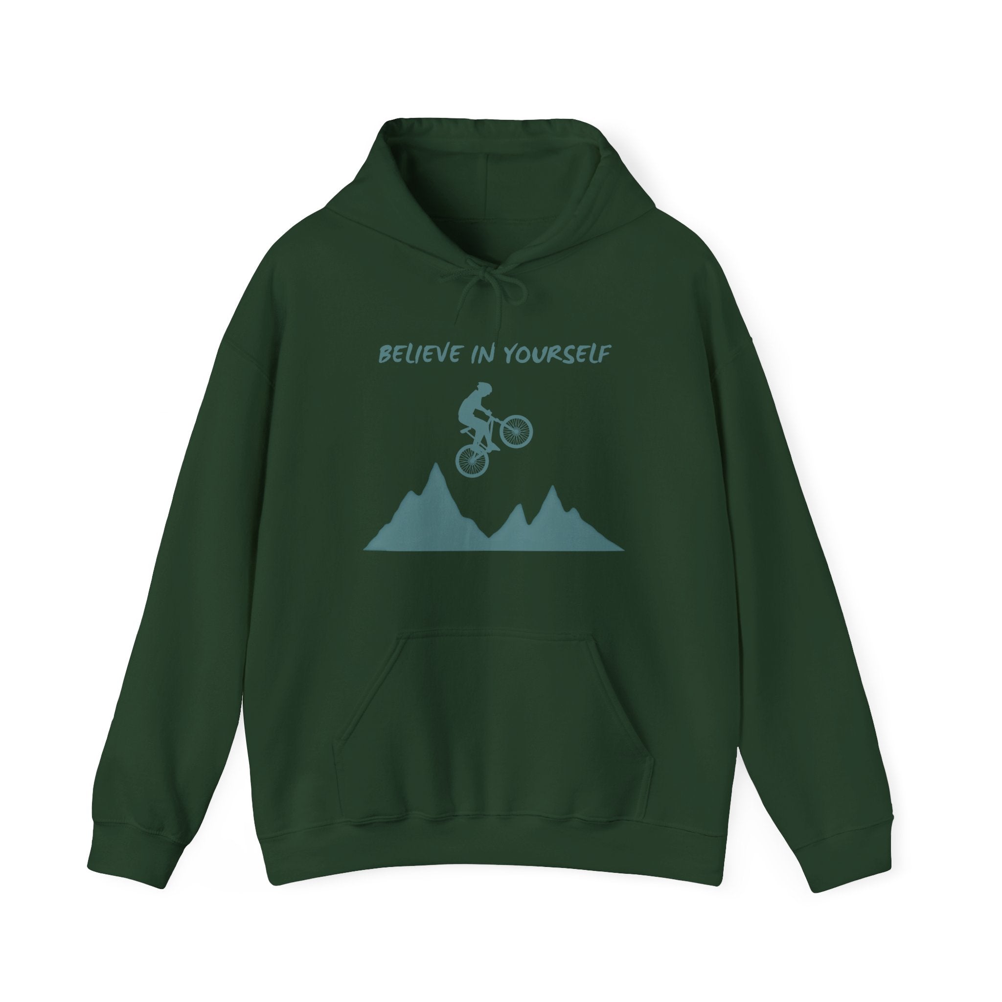 Forest green hoodie with mountain bike graphic and 'Believe in Yourself' text on a white background
