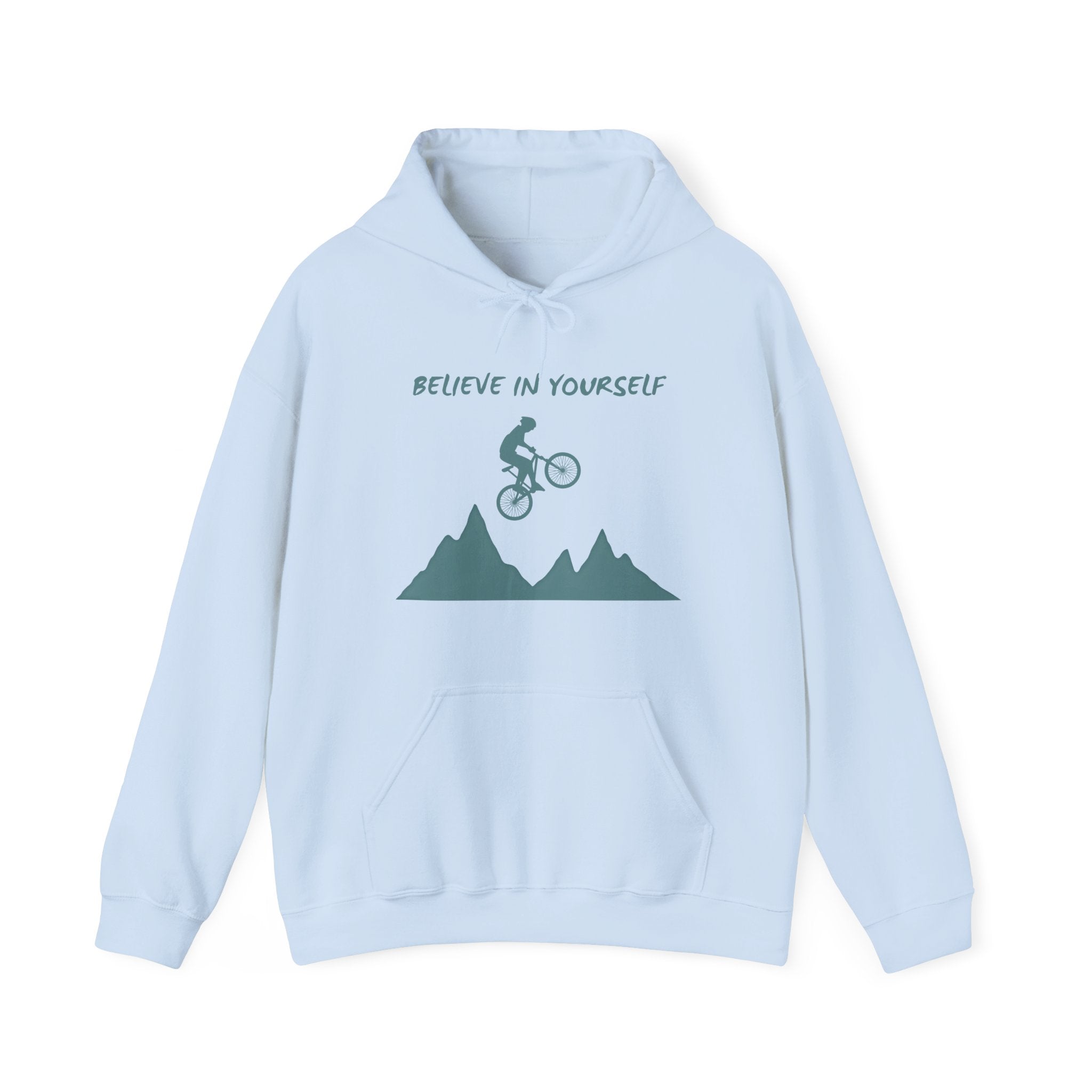 Light blue hoodie with mountain bike graphic and 'Believe in Yourself' text on a white background