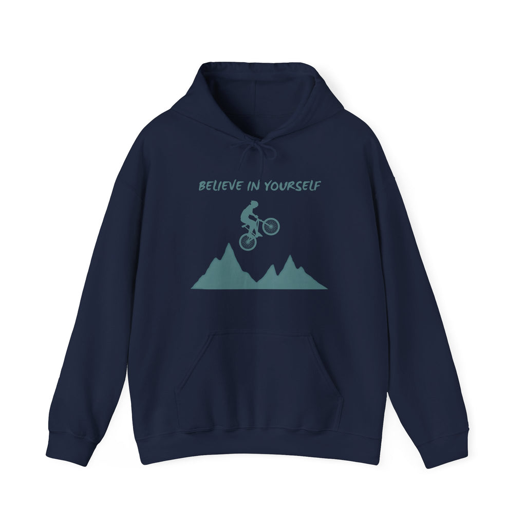 Navy blue hoodie with mountain bike graphic and 'Believe in Yourself' text on a white background