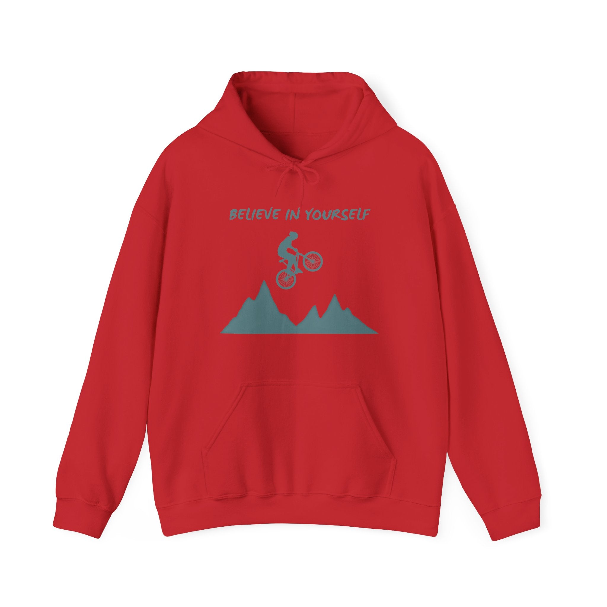 Red hoodie with graphic design and text on a white background