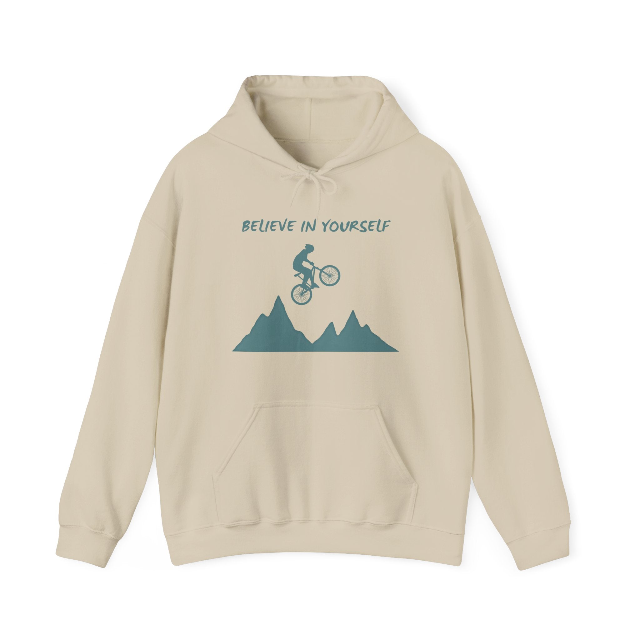 Beige hoodie with mountain bike graphic and 'Believe in Yourself' text on a white background
