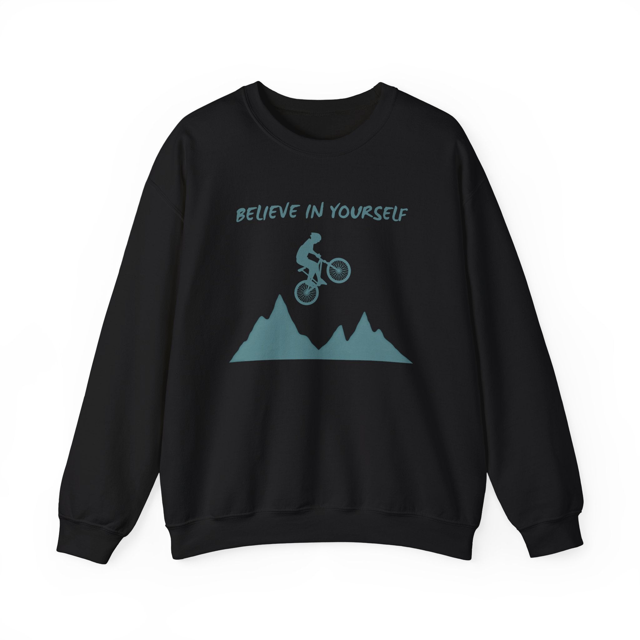 Black sweatshirt with mountain bike graphic and 'Believe in Yourself' text on a white background