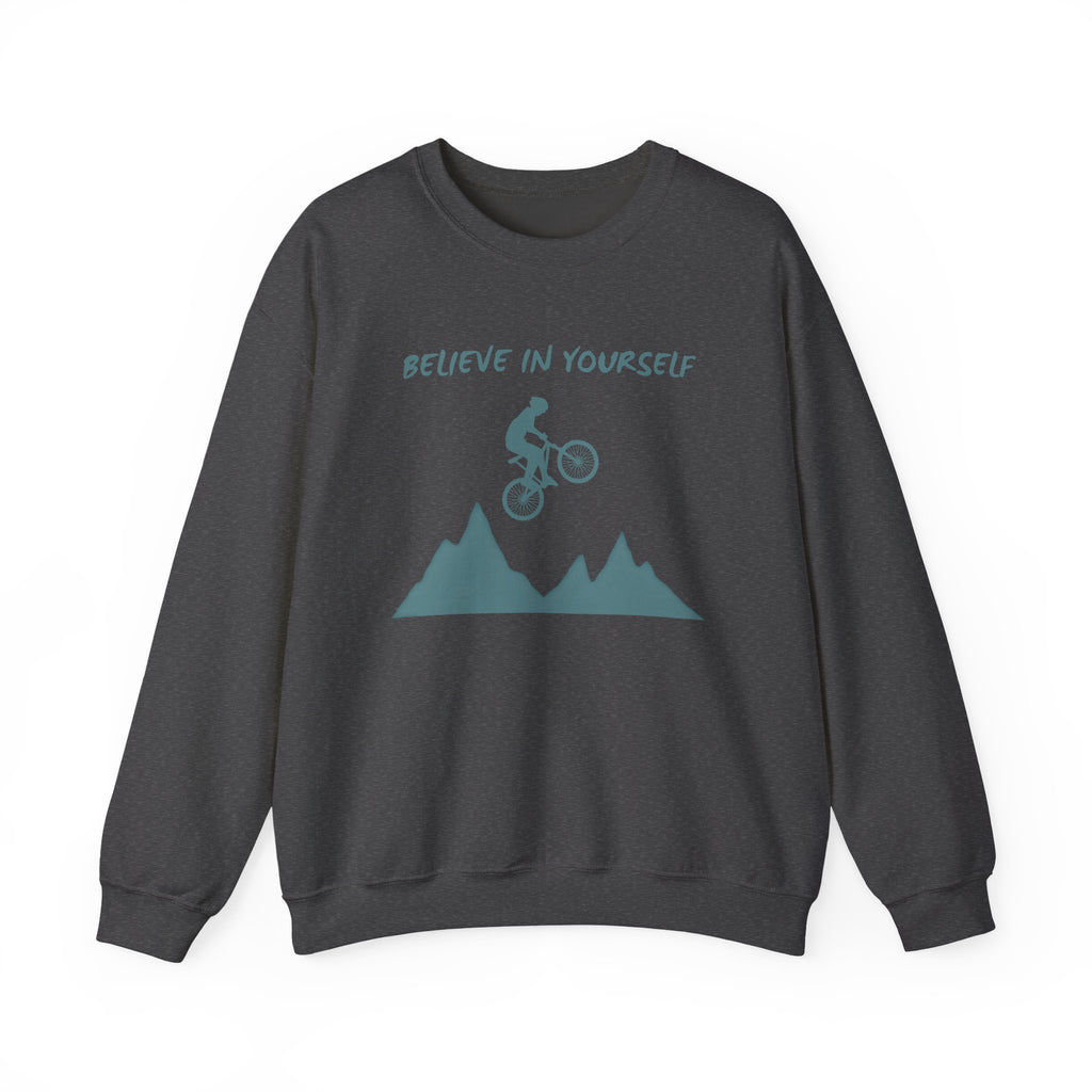 Dark heather gray sweatshirt with mountain bike graphic and 'Believe in Yourself' text on a white background