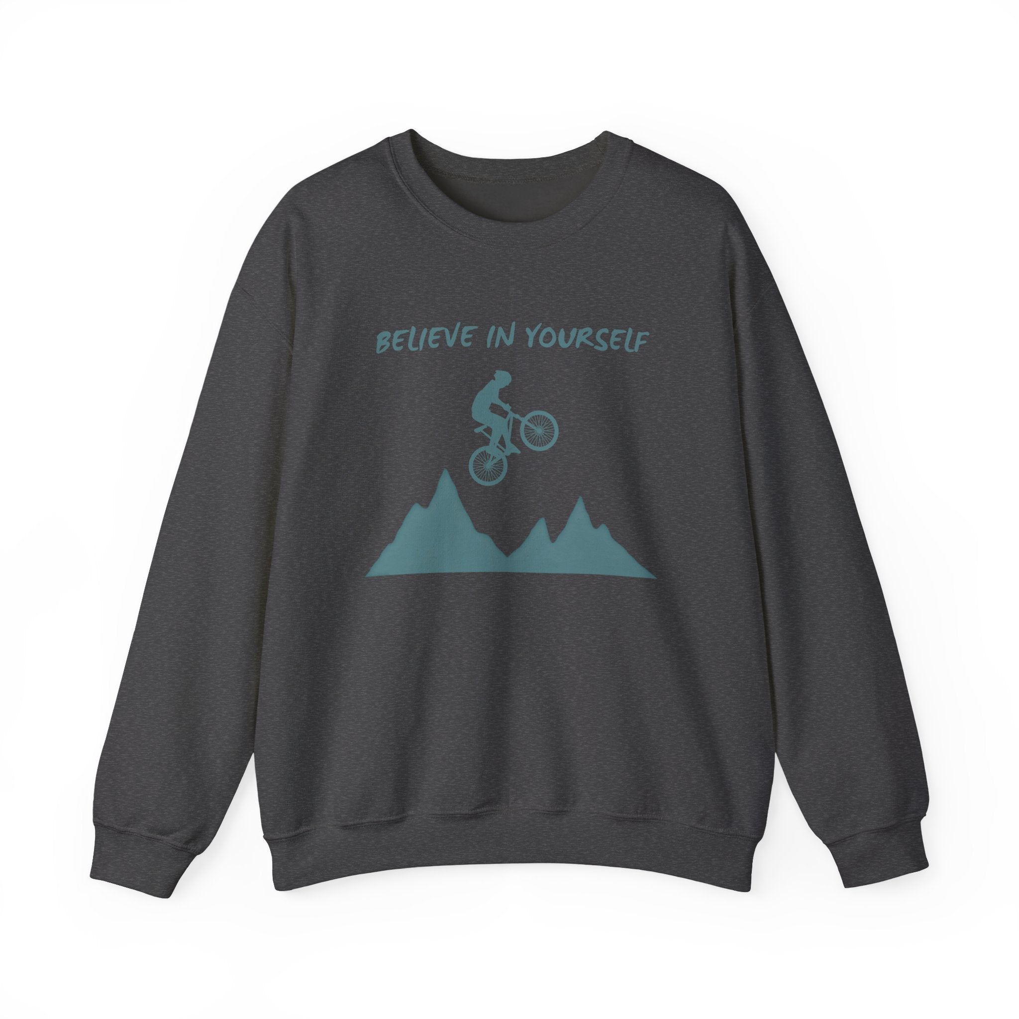 Dark heather gray sweatshirt with mountain bike graphic and 'Believe in Yourself' text on a white background