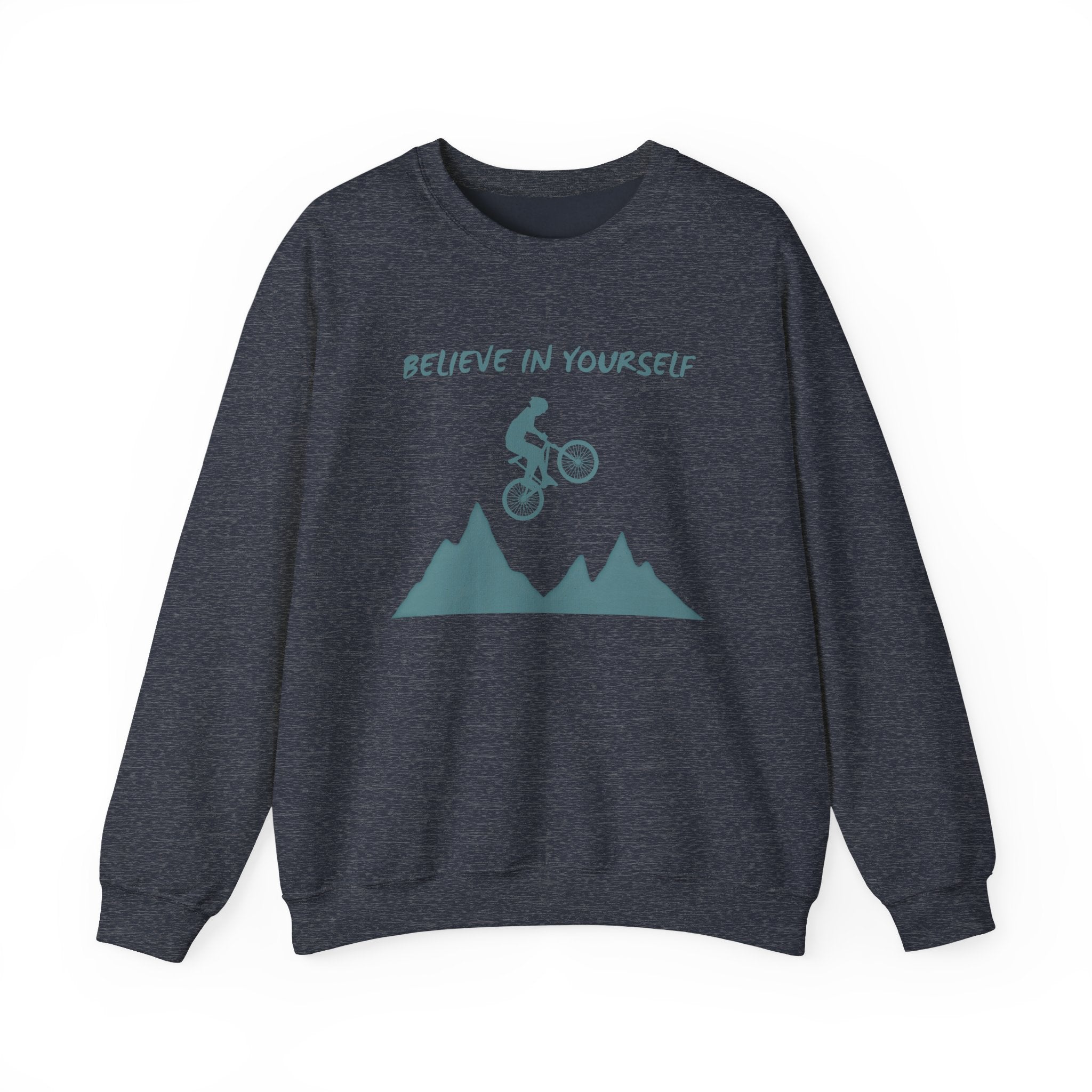 Heather sport dark navy sweatshirt with 'Believe in Yourself' and mountain bike graphic on a white background