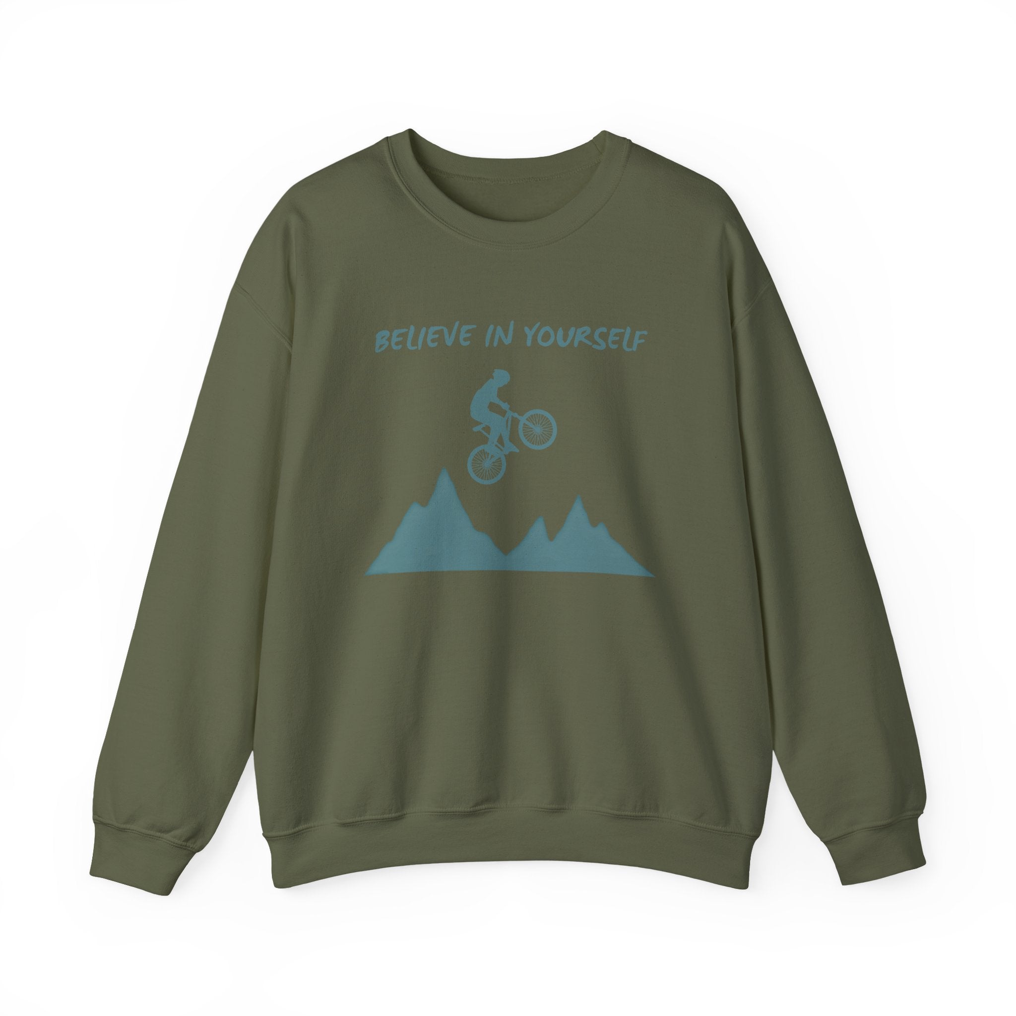 Military green sweatshirt with mountain bike graphic and 'Believe in Yourself' text on a white background