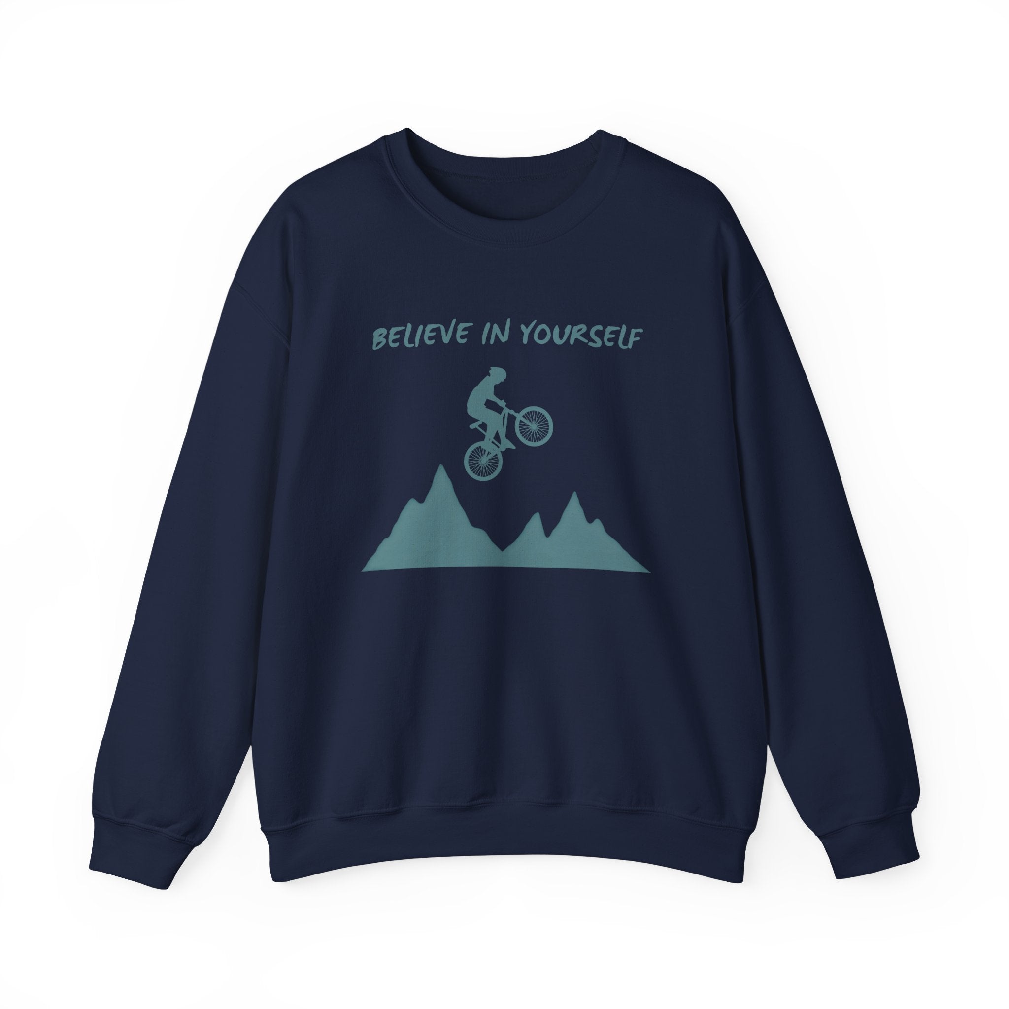 Navy blue sweatshirt with mountain bike graphic and 'Believe in Yourself' text on a white background
