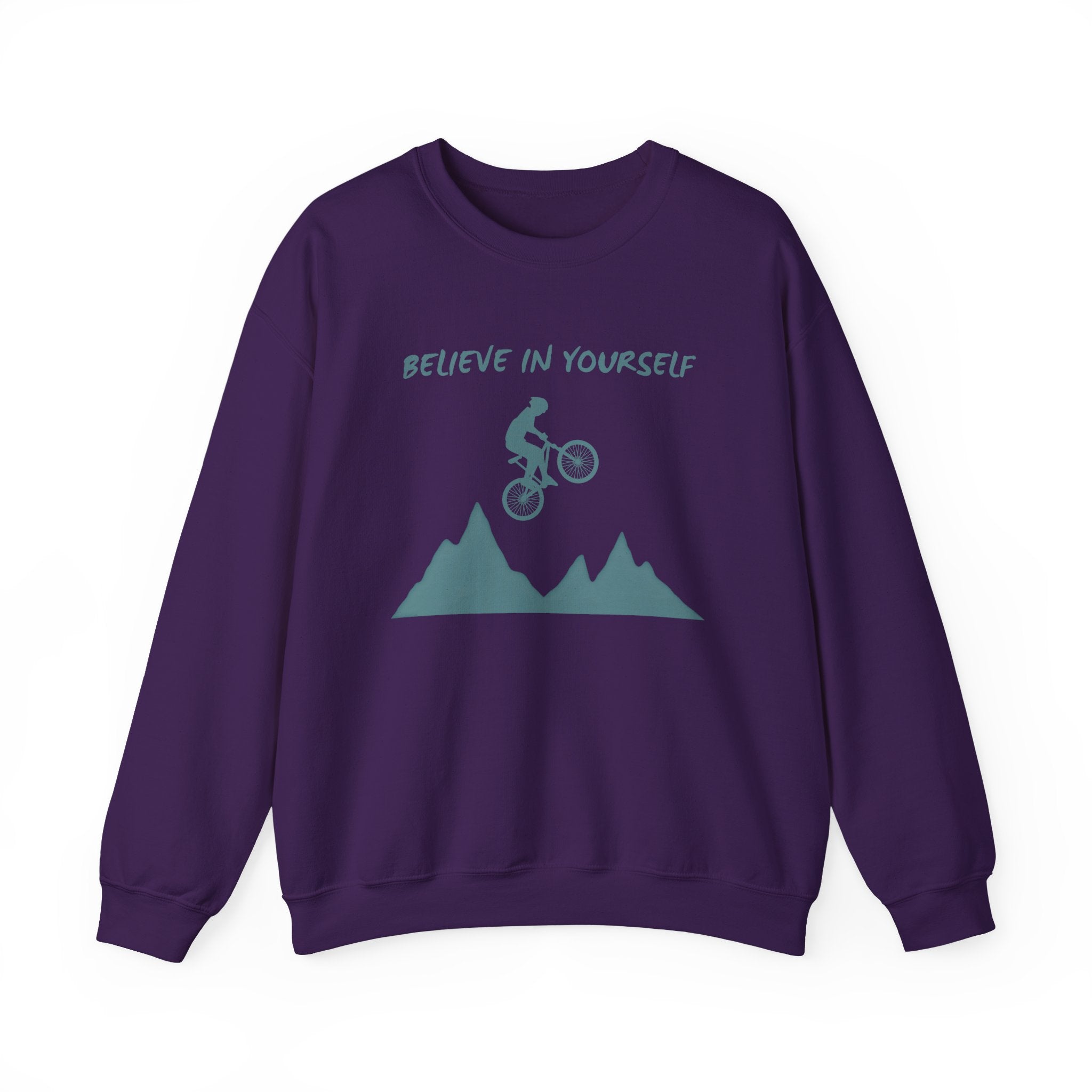 Purple sweatshirt with mountain bike graphic and 'Believe in Yourself' text on a white background