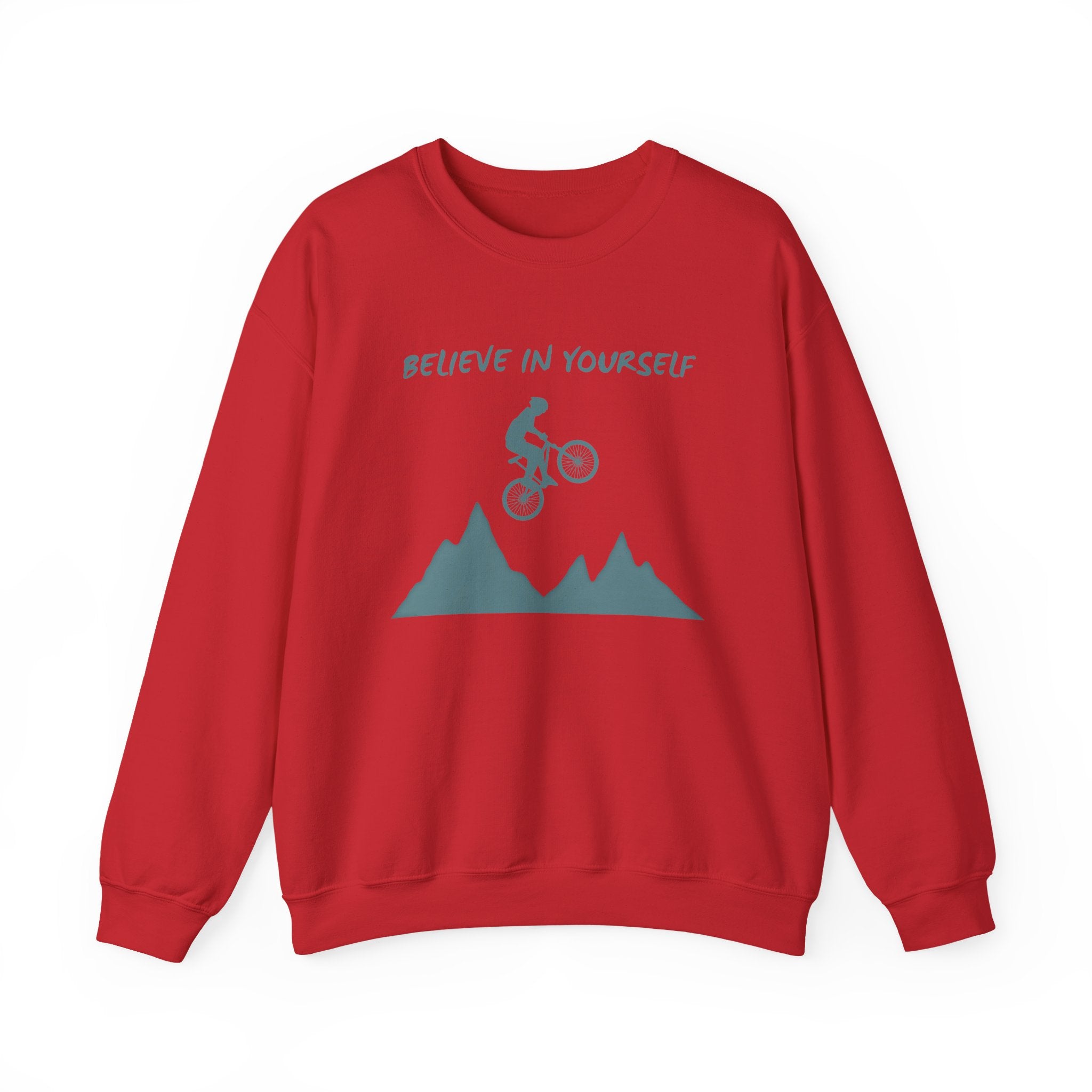 Red sweatshirt with mountain bike graphic and 'Believe in Yourself' text on a white background
