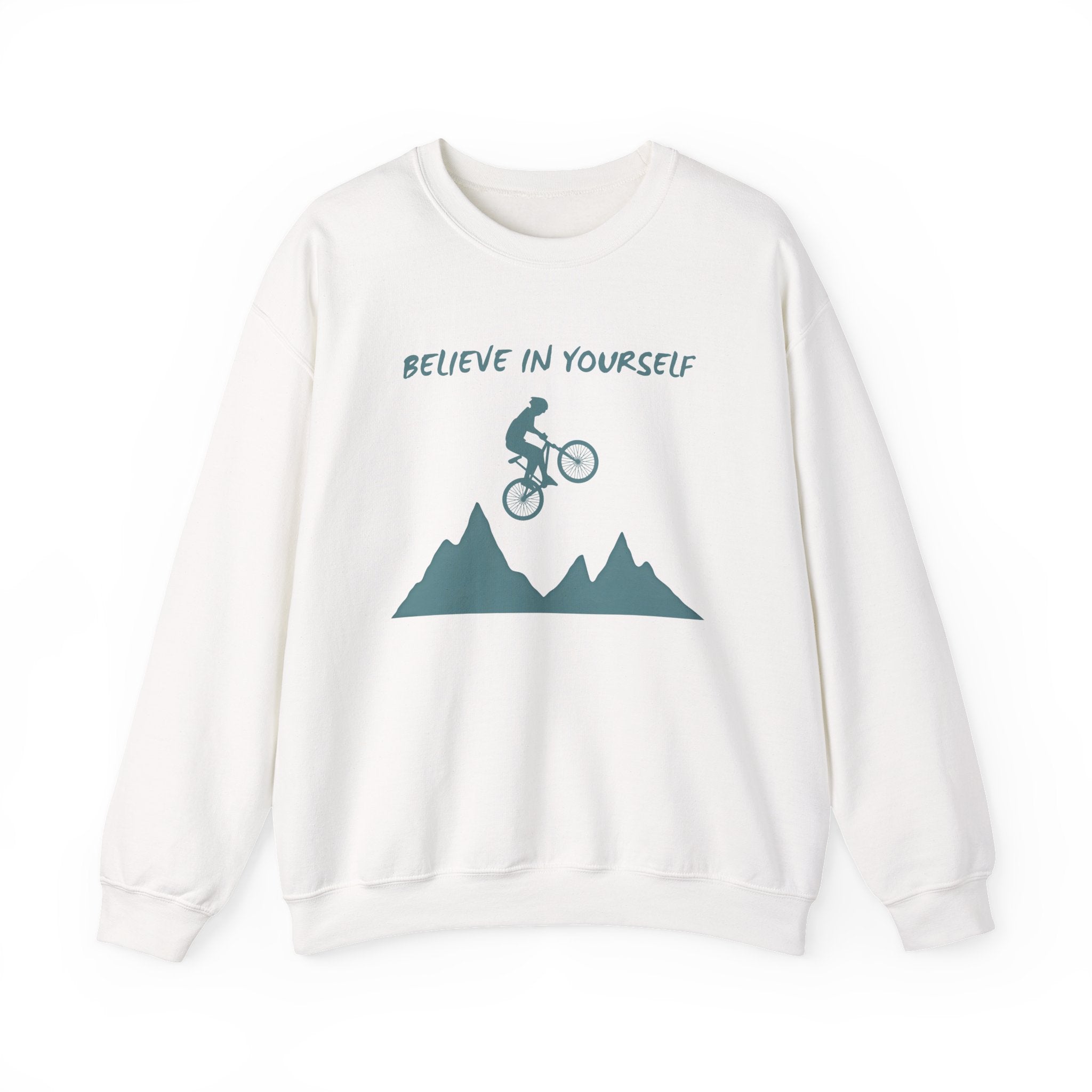 White sweatshirt with mountain bike graphic and 'Believe in Yourself' text on a white background