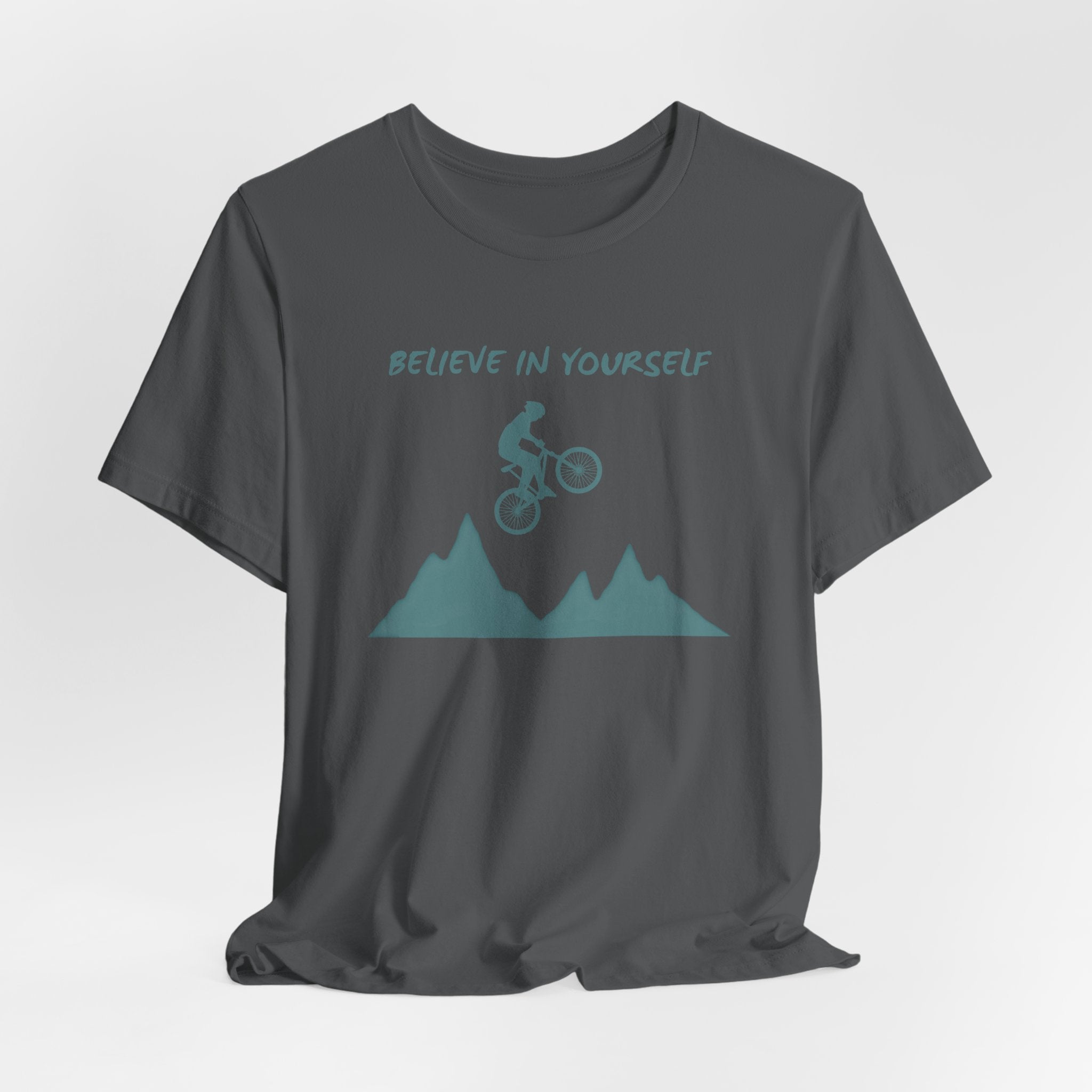 Asphalt gray t-shirt with 'Believe in Yourself' and mountain bike graphic on a white background