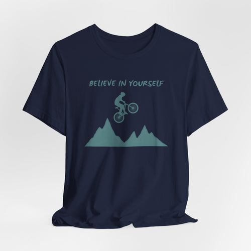 Navy blue t-shirt with mountain bike graphic and 'Believe in Yourself' text on a white background