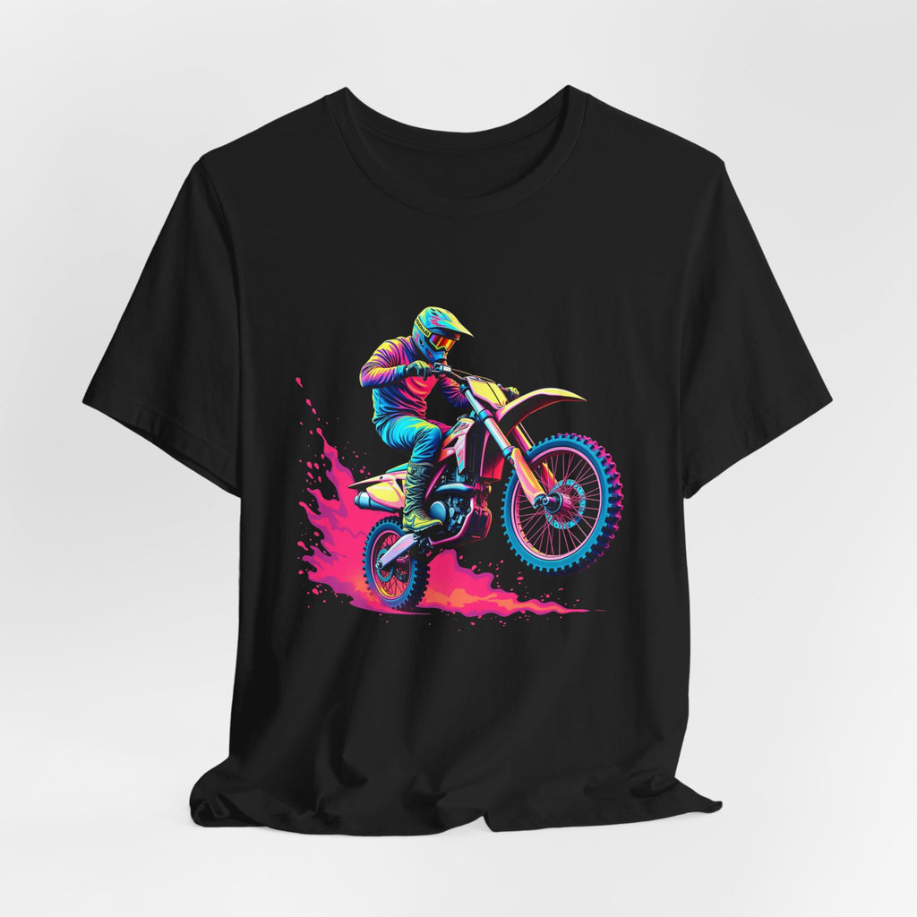 Black t-shirt with a colorful graphic of a motocross rider on white background