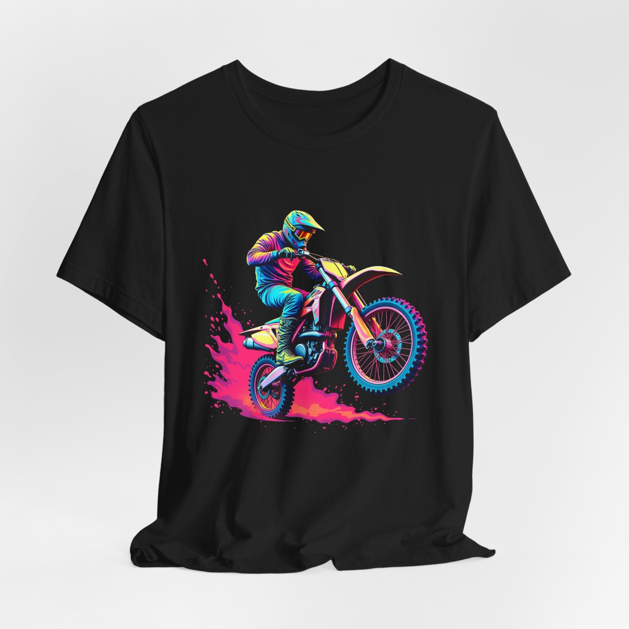 Black t-shirt with a colorful graphic of a motocross rider on white background