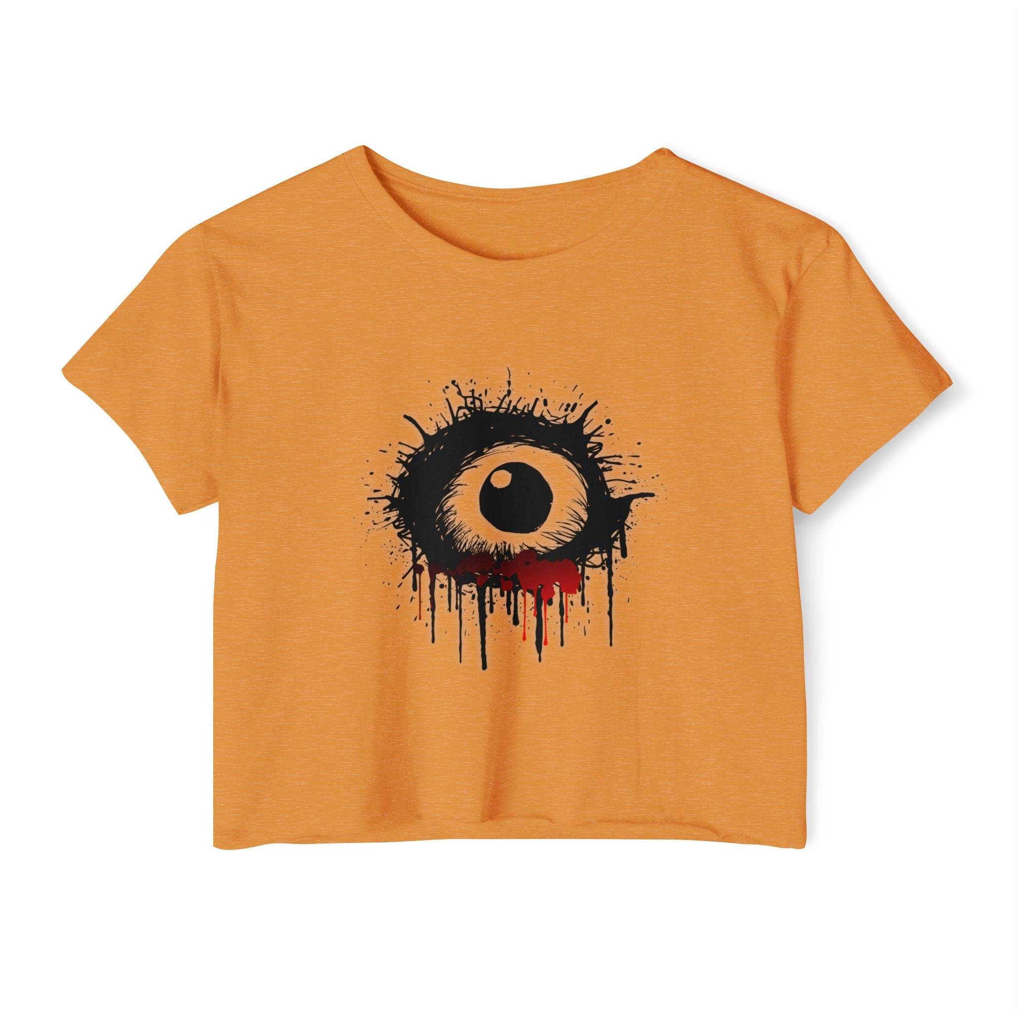 Antique gold orange t-shirt with a black and red tear eye design on a white background