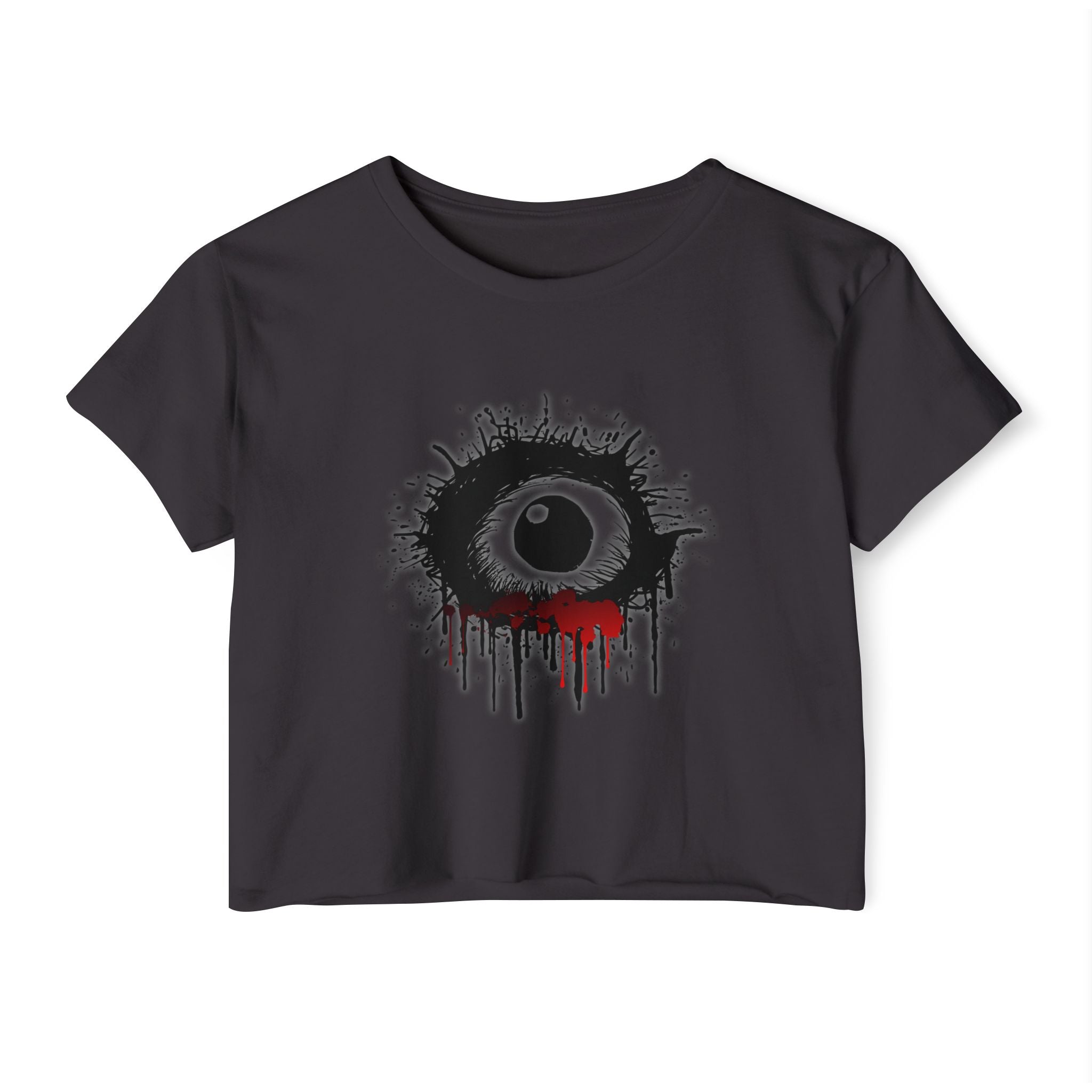 Black t-shirt with a graphic design of an teary eye on a white background