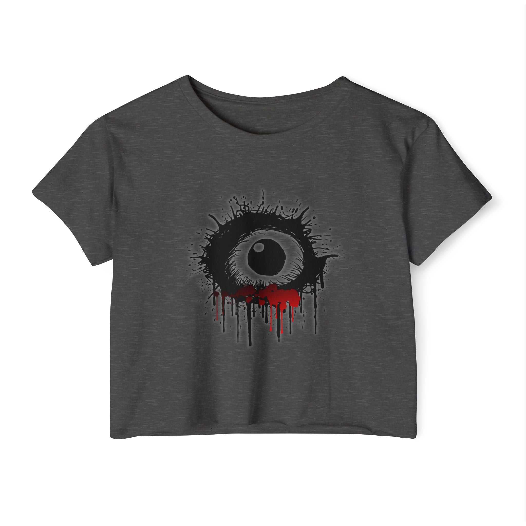 Charcoal gray t-shirt with a graphic of a teary eye with red accents on a white background