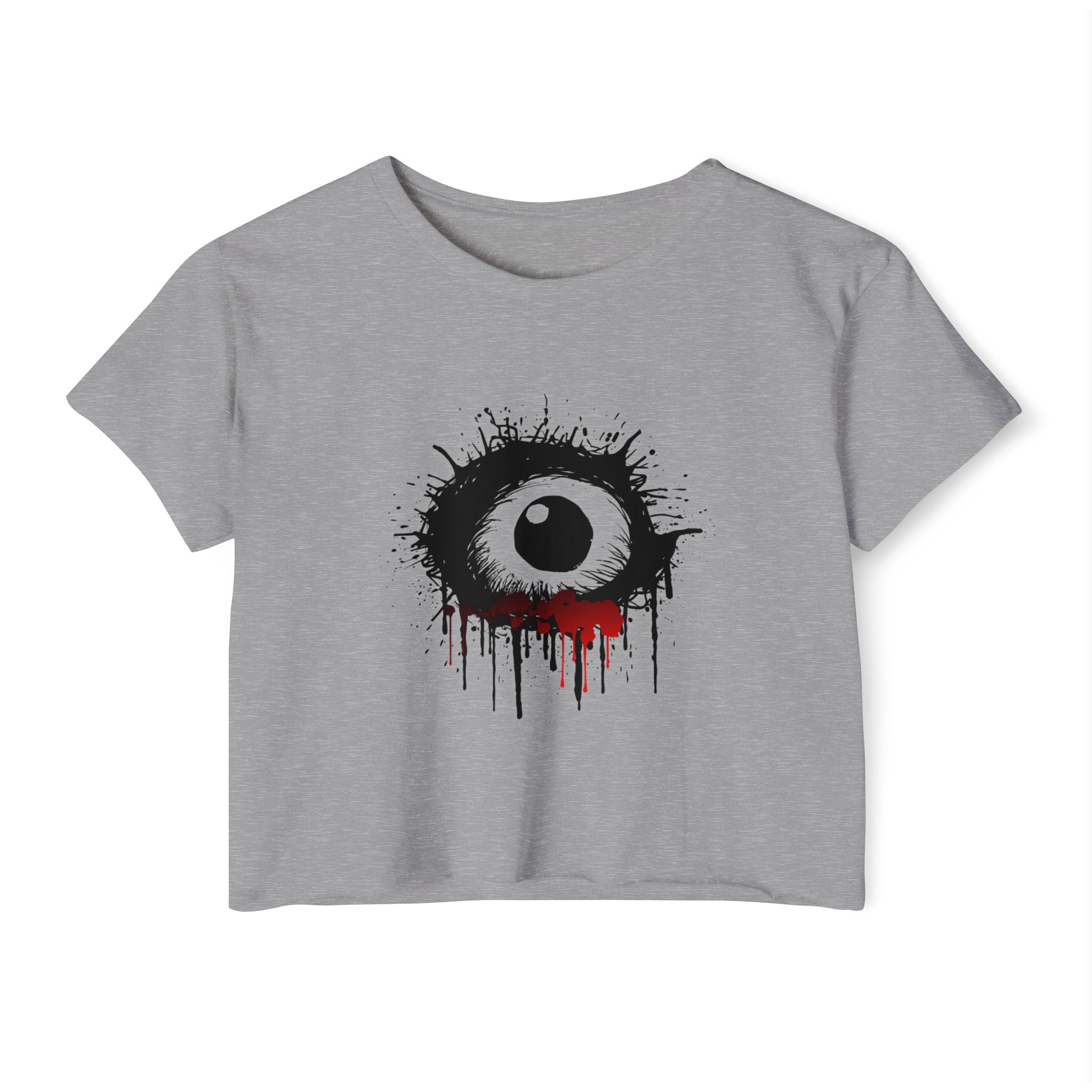 Gray t-shirt with an eye design featuring black and red tears on a white background