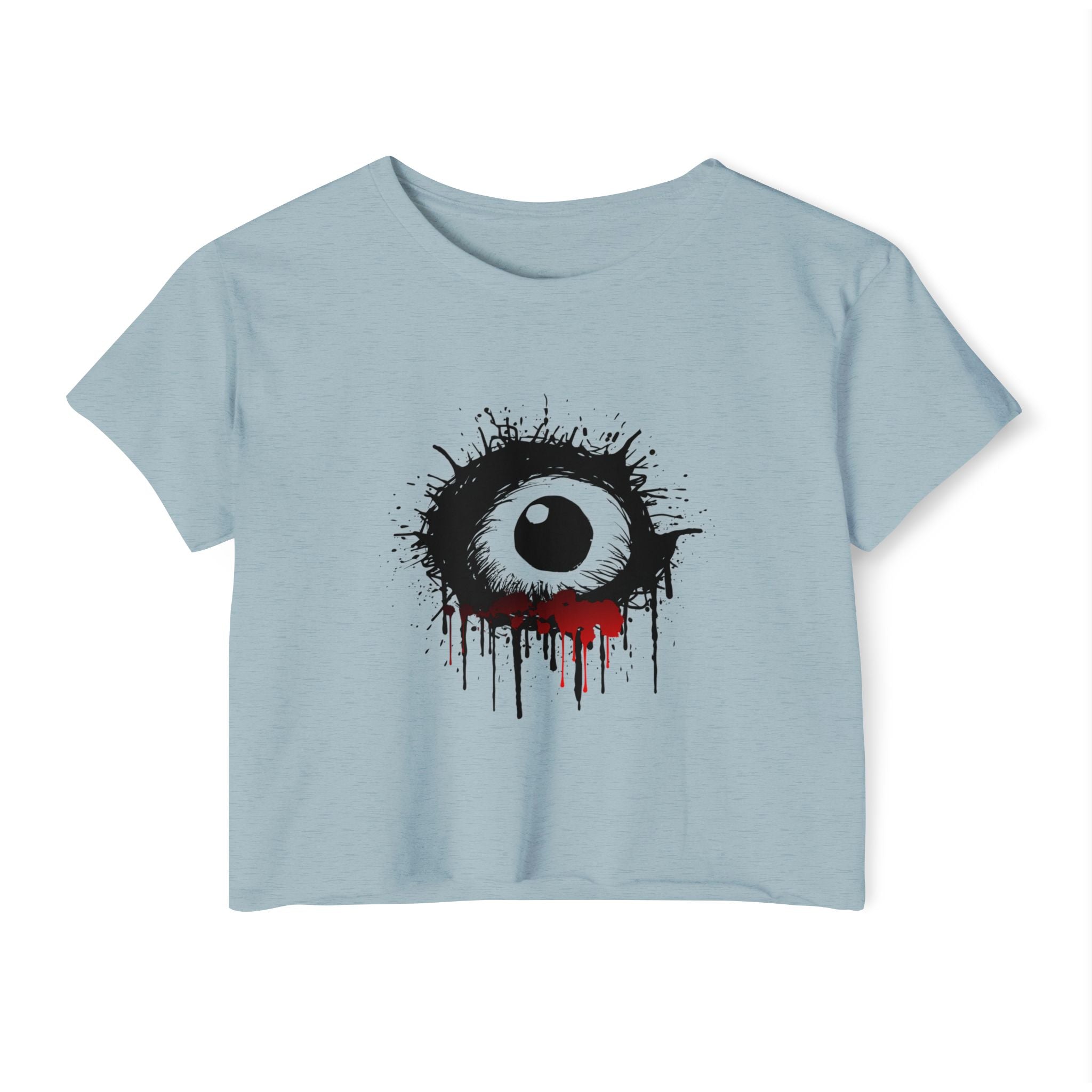 Stonewash denim light blue crop top with a black and white eye tears design and red accents on a white background