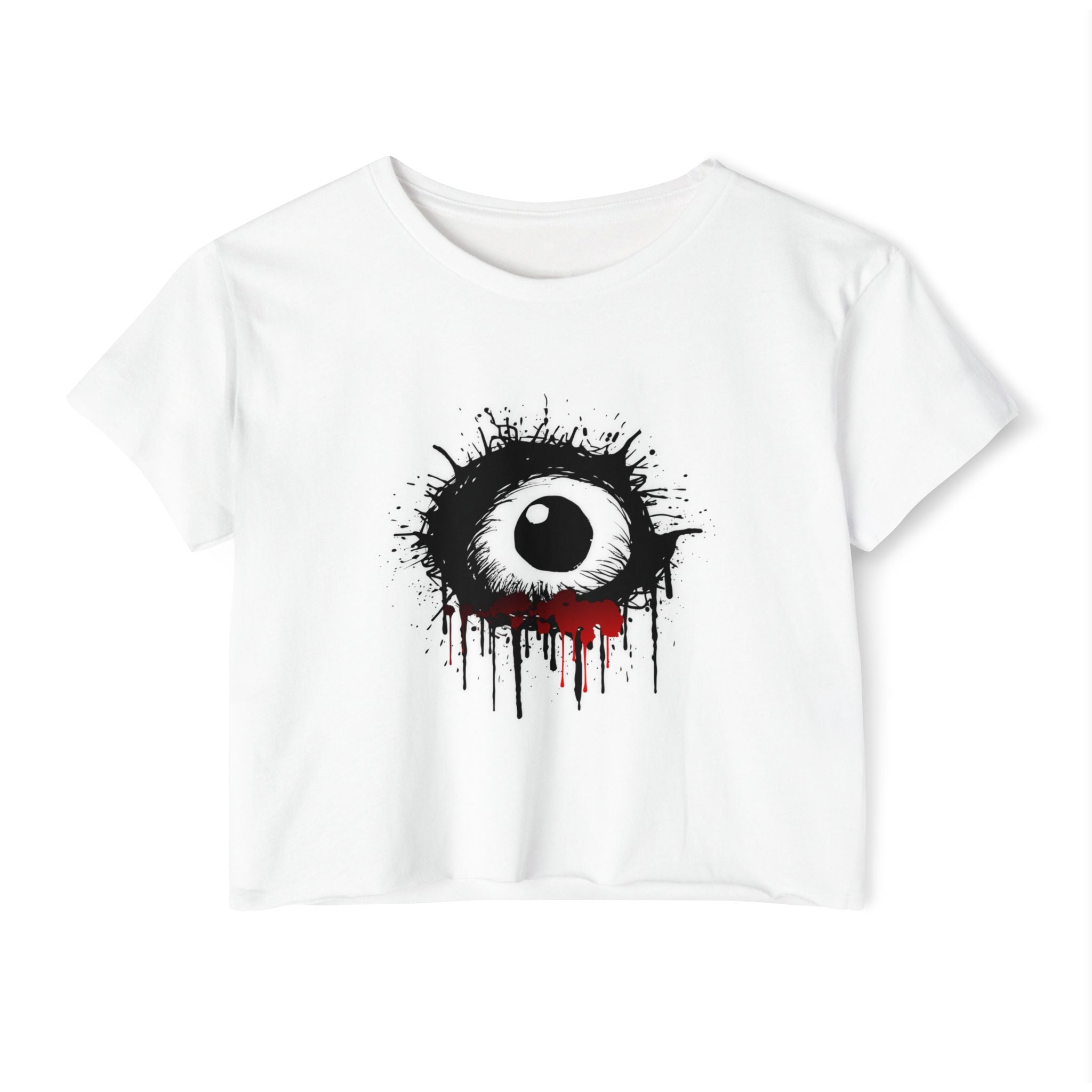 White crop top with a black and white eye design with tear red accents on a white background