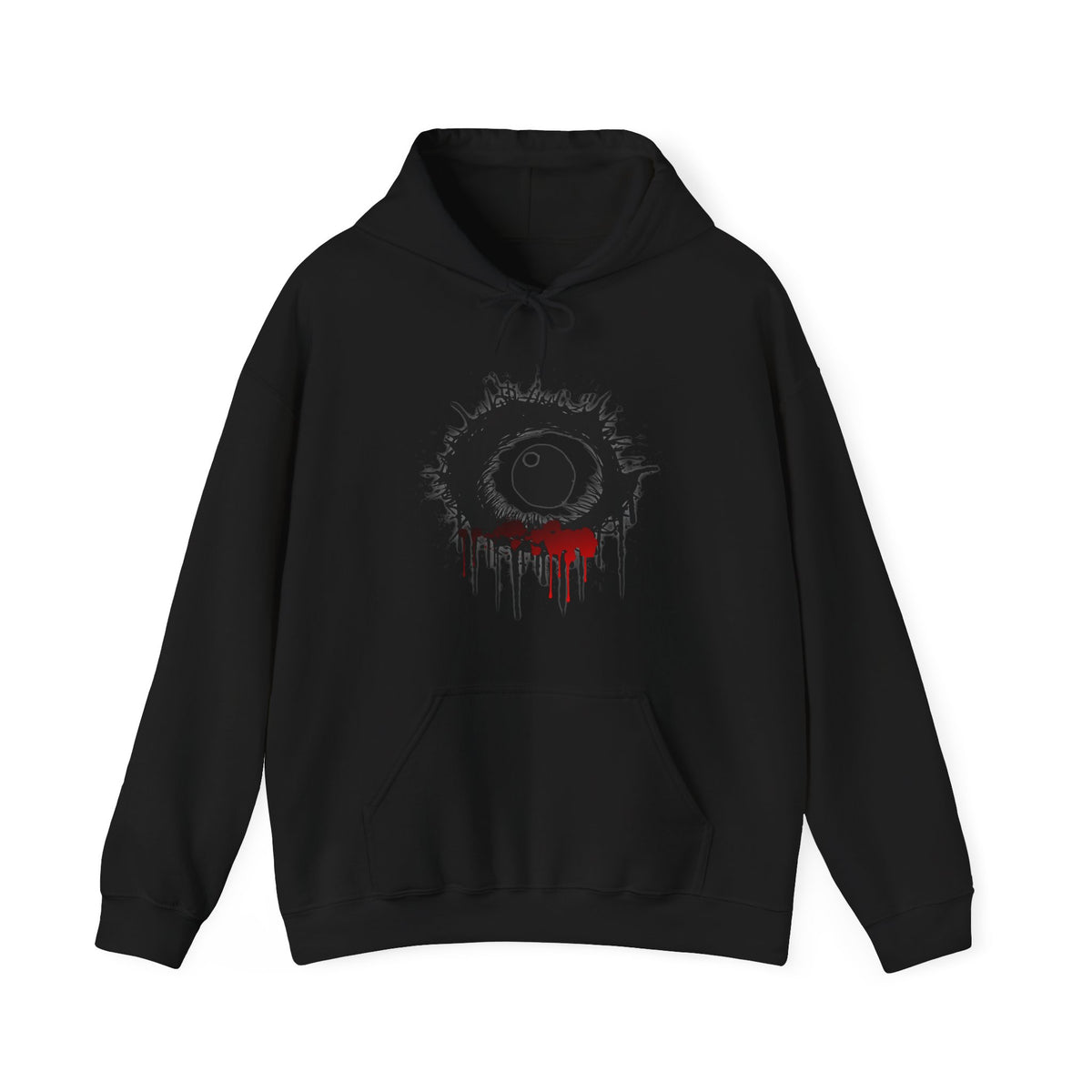 Black hoodie with a graphic design on a white background