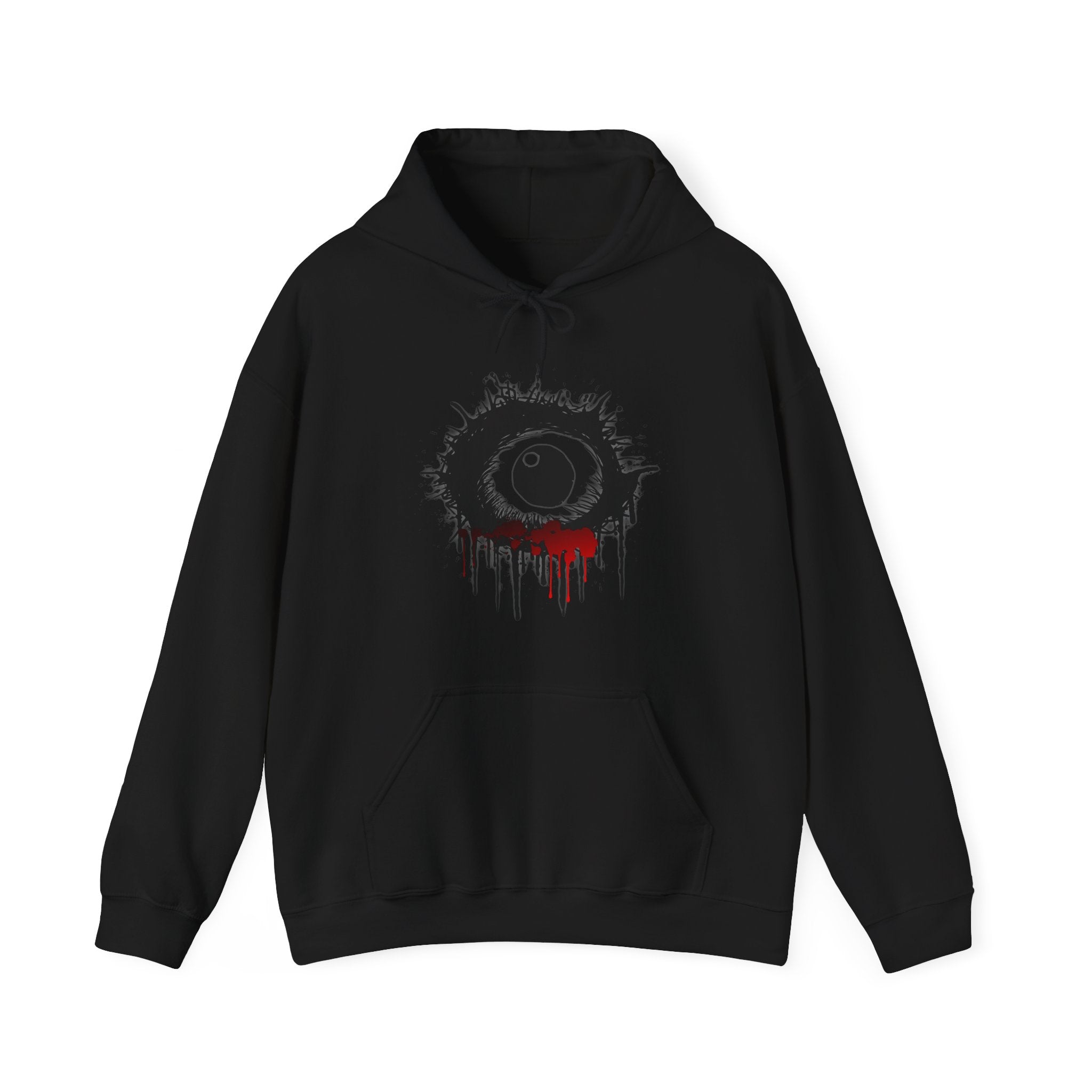 Black hoodie with a graphic design on a white background