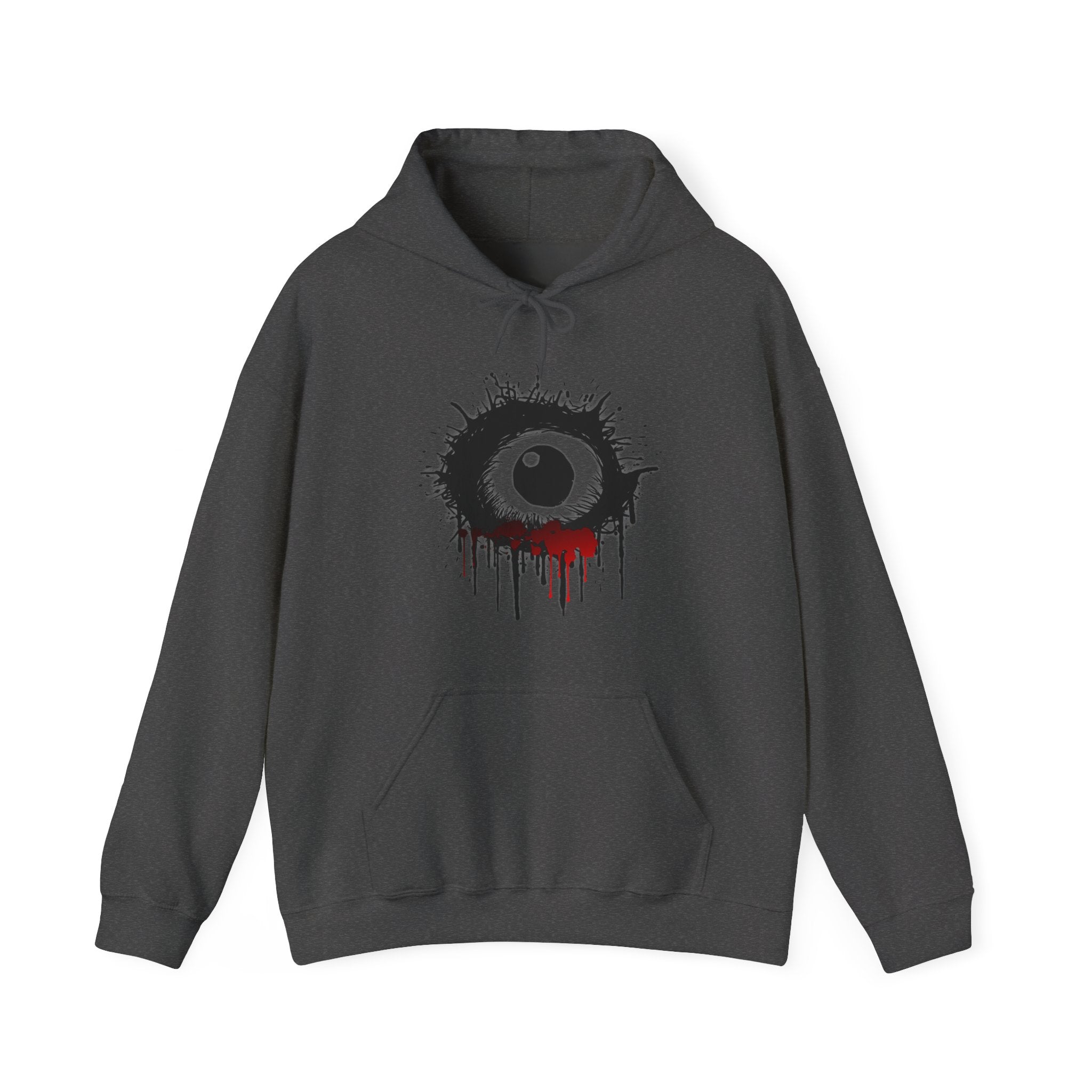 Dark gray hoodie with an eye design featuring red accents on a white background