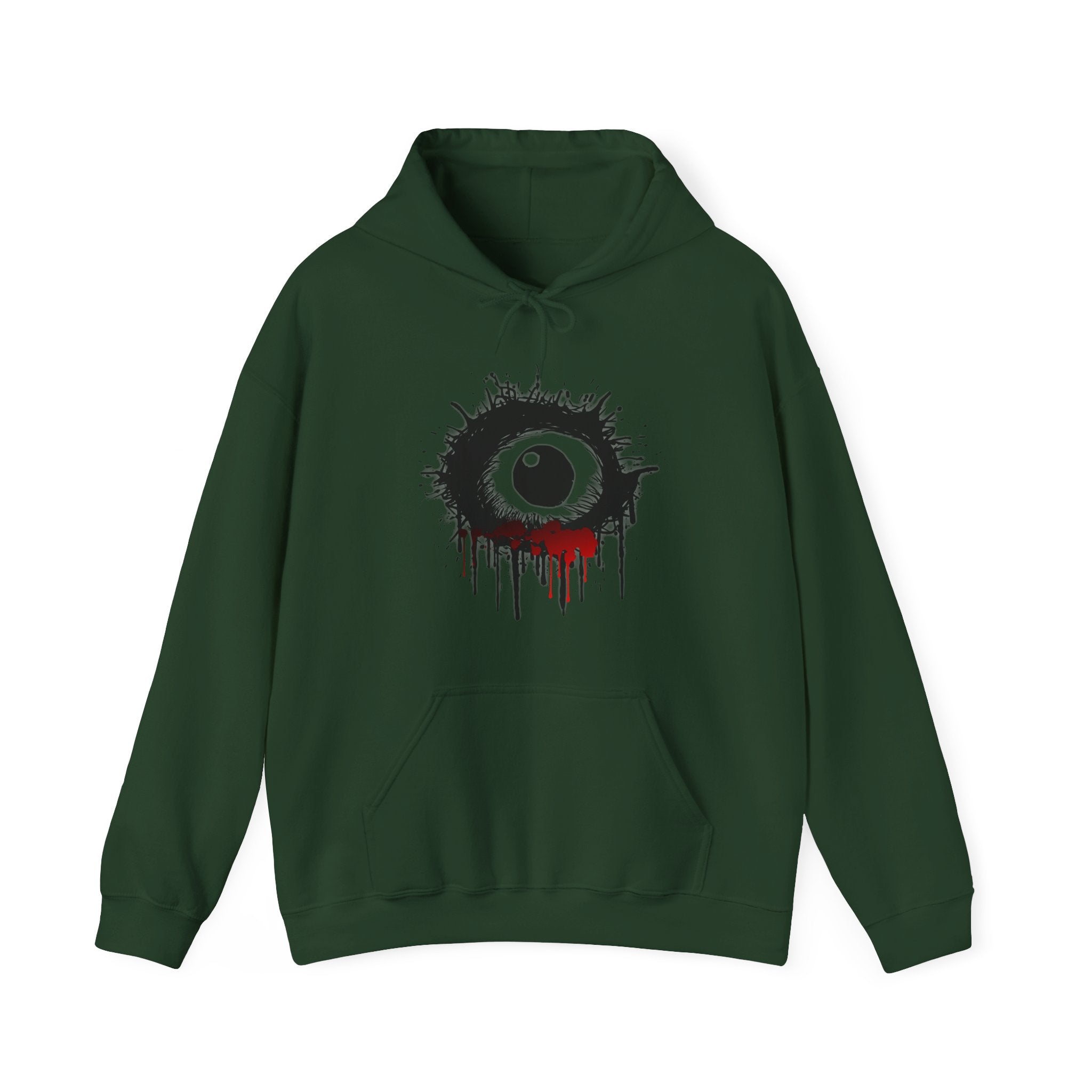 Forest green hoodie with a graphic design of an eye on a white background