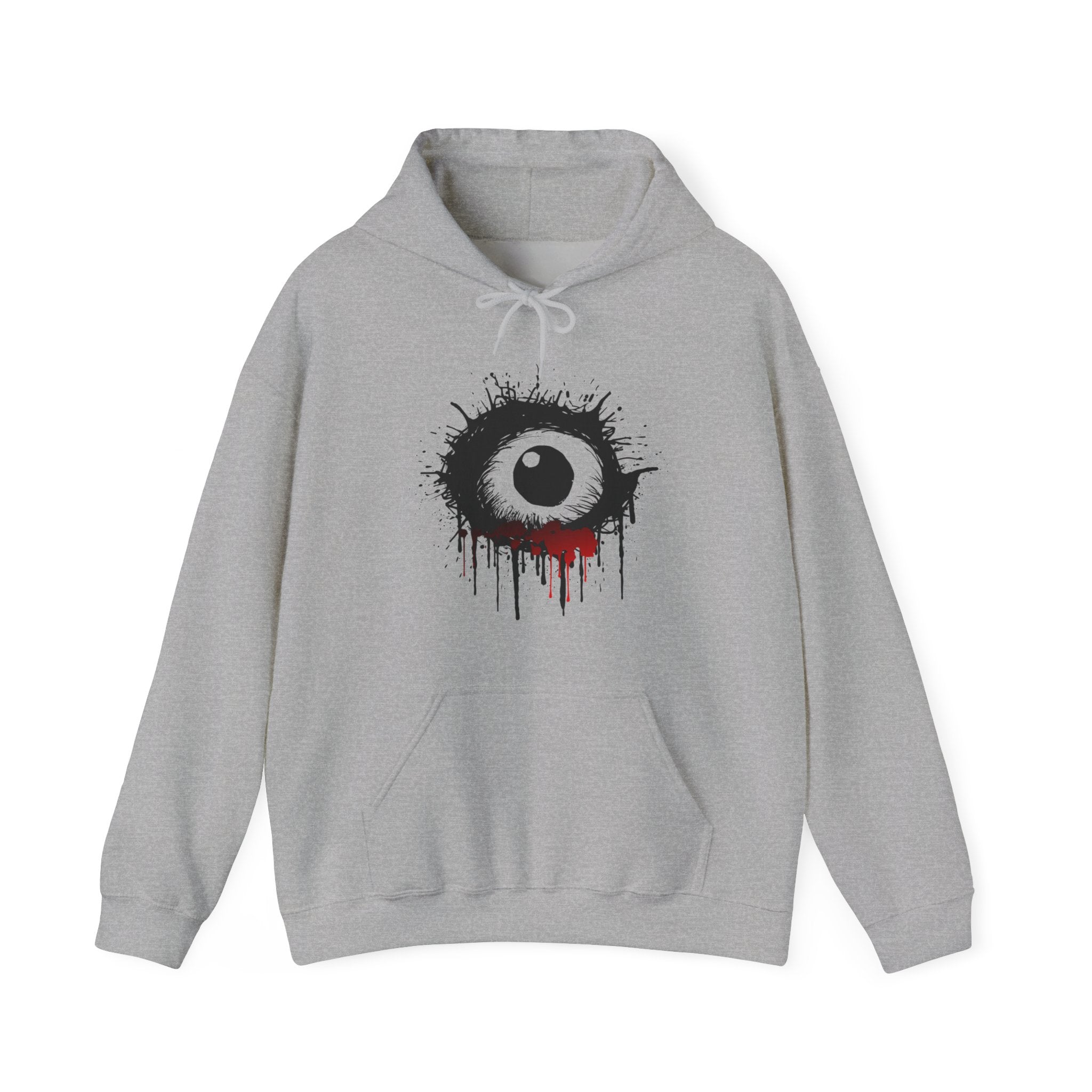 Gray hoodie with a black and red eye design on a white background