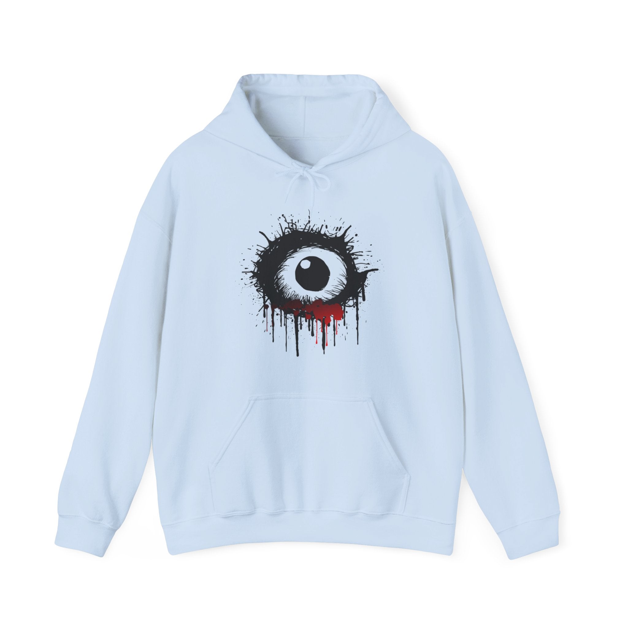 Light blue hoodie with a black and red eye design on a white background