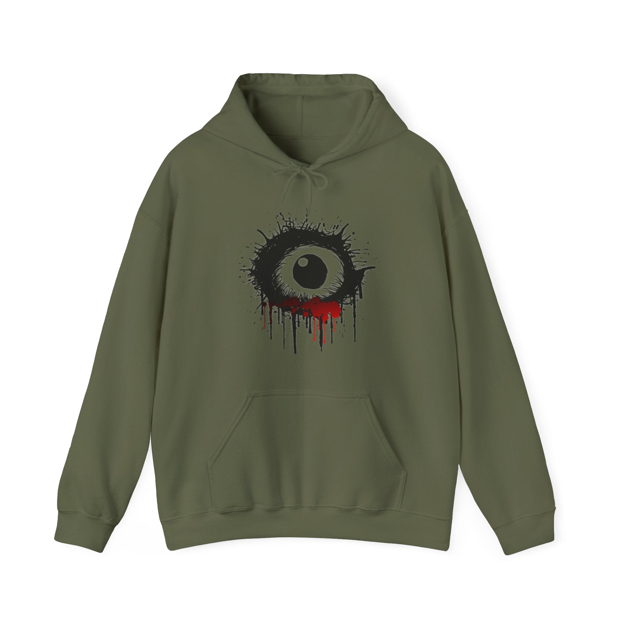 Military green hoodie with a black and red eye design on a white background
