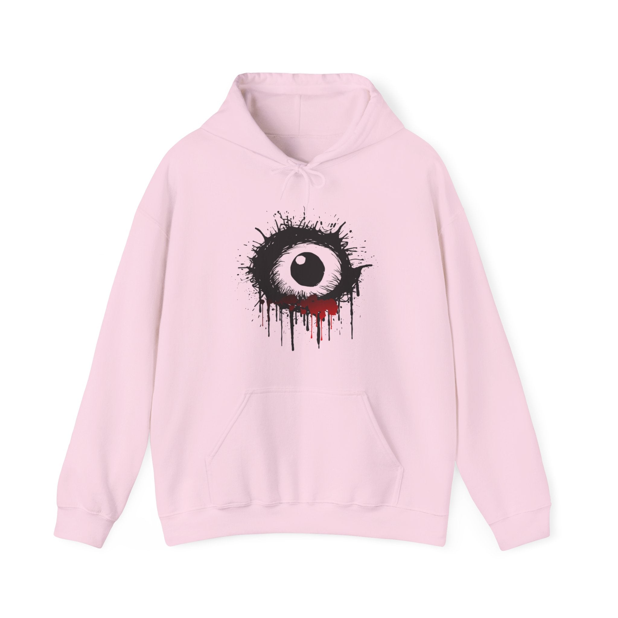 Pink hoodie with a black and white eye design on a white background